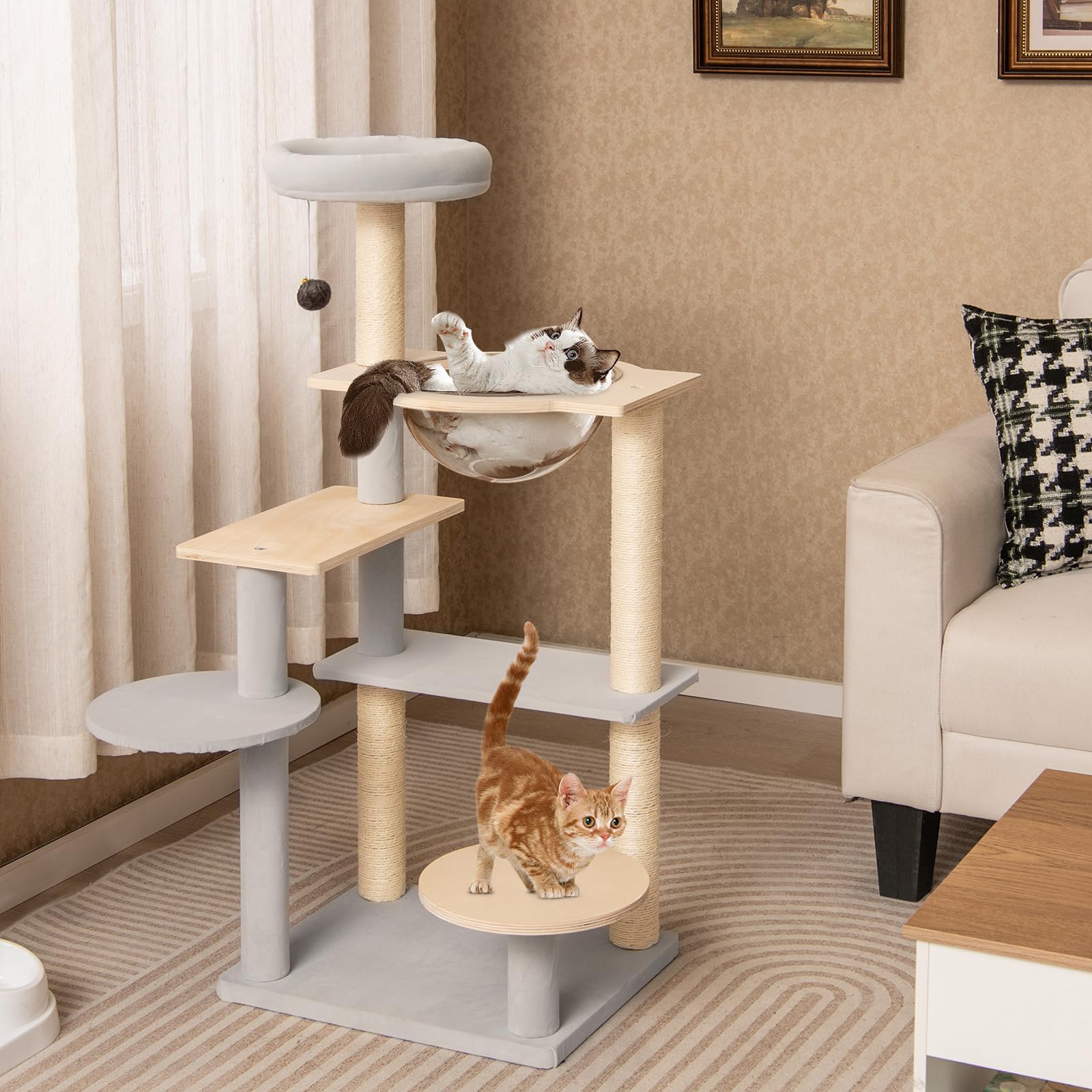 COSTWAY Tiragraffi per Gatto Alto 113 cm con Capsula Spaziale, Albero Tiragraffi Gatti con 4 Pali in Sisal, Piattaforme, Trespolo e Pompon, Torre Gatto in Legno Solido, Naturale e Grigio