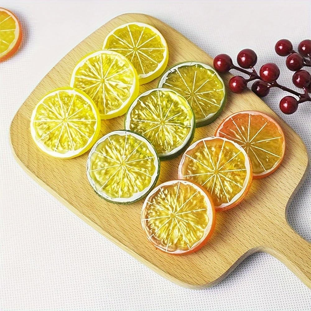 Künstliche Zitronenscheiben – 30 Stück, Aus Kunststoff, In Gelb, Grün & Orange – Deko Für Vasen, Schalen & Fotografie