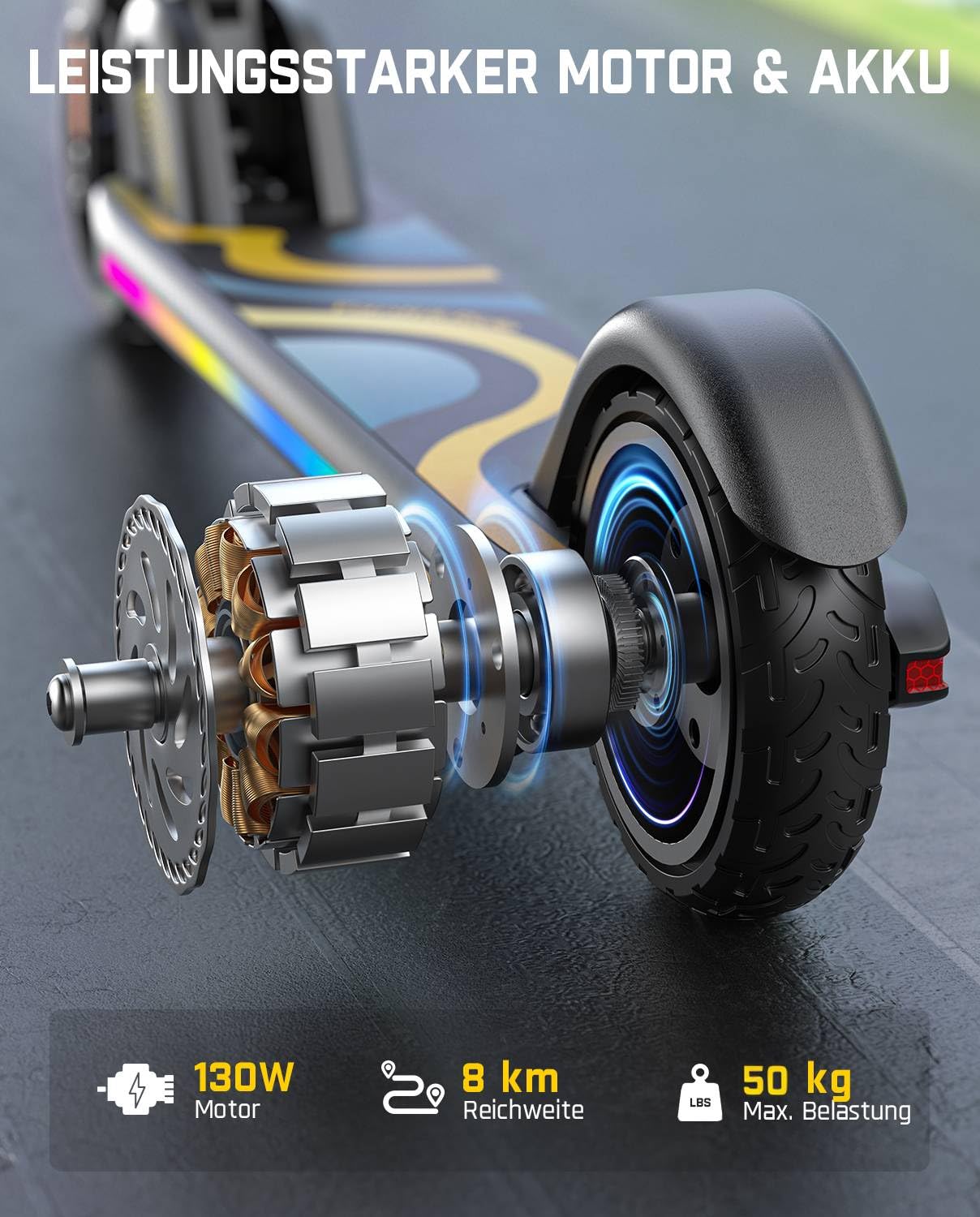 FanttikRide C9 Pro Elektroroller für Kinder 8-12 Jahren, Bunte Regenbogenlichter, 8/12/16 km/h, 8KM Reichweite, LED-Anzeige, Höhenverstellbar, Faltbar, für Jungen und Mädchen