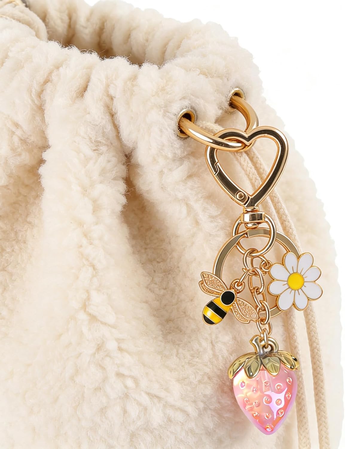 Snycler Cute Strawberry Cherry Keychain Bag Charms Heart Flower Daisy Key chains Accessories Decor for Women Purse Gift - Image 4