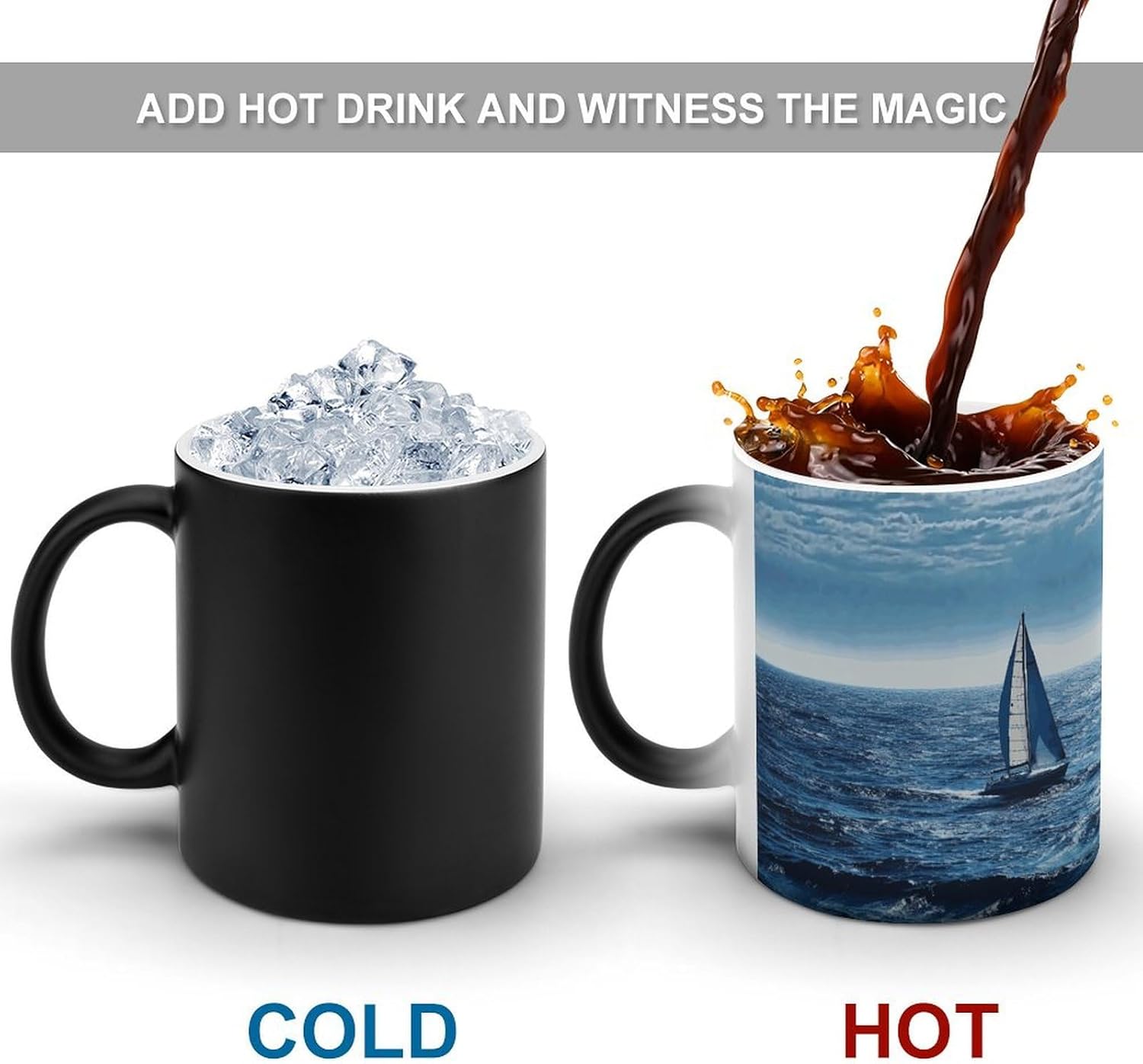 Color Changing Mug Blue Sea Sailboat Printed Ceramic Coffee Mug Heat Changing Sensitive Mug Magic Heat Changing Coffee Mug Novelty Coffee Mugs