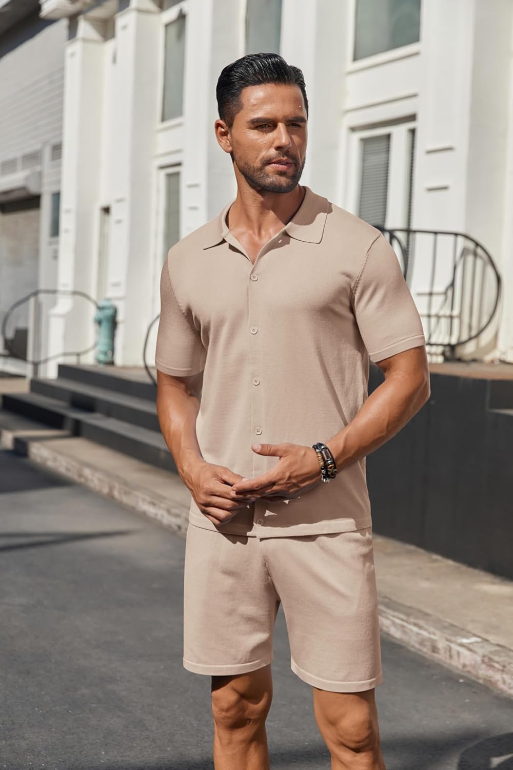 COOFANDY Men's 2 Piece Outfits Sets Casual Short Sleeve Button Down Knit Shirt and Shorts Sets Summer Beach Outfits