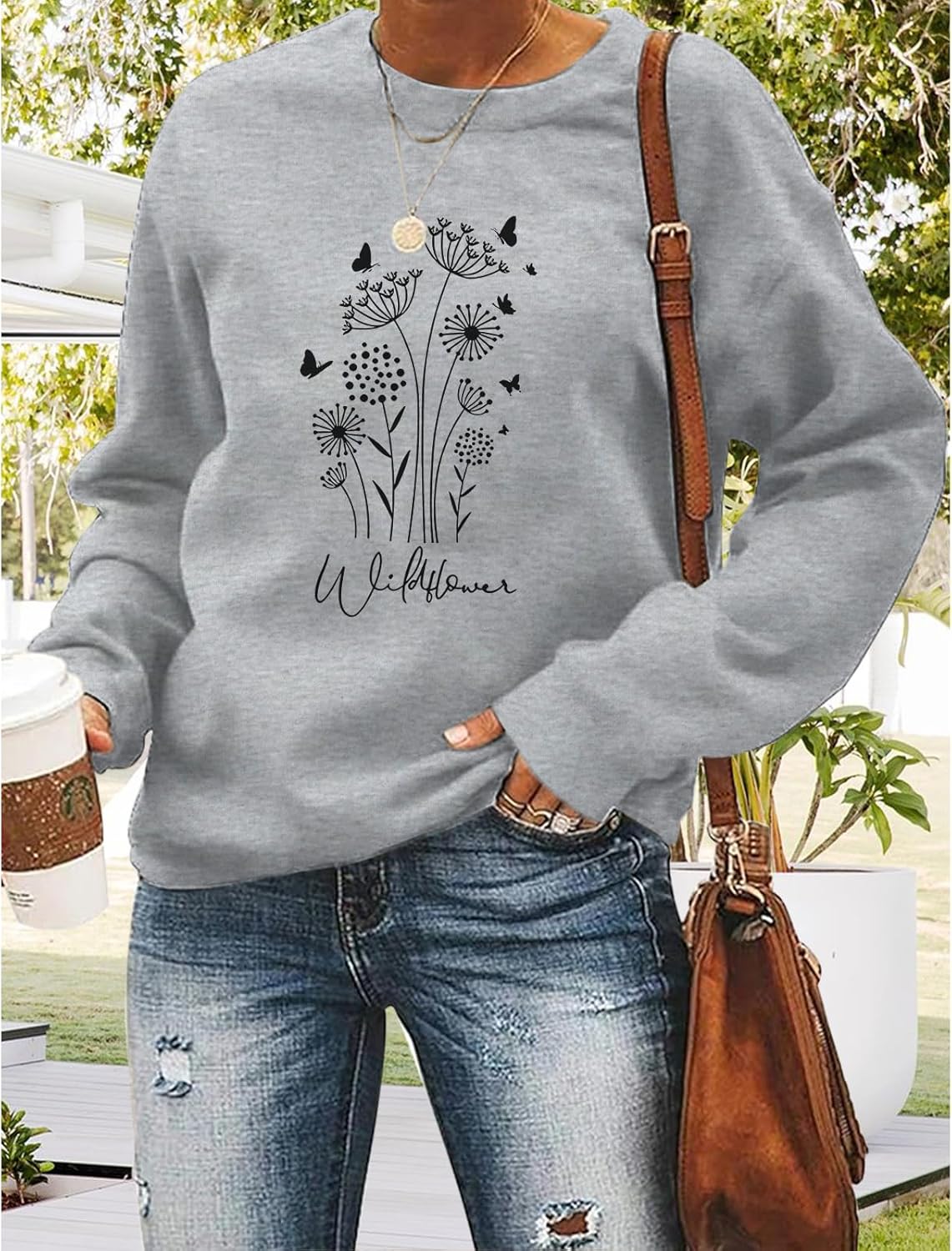 Bobeutou Flower Graphic Sweatshirt for Women 80s Vintage Minimalistic Floral Printed Long Sleeves Shirt Loose Pullovers Tops - Image 2