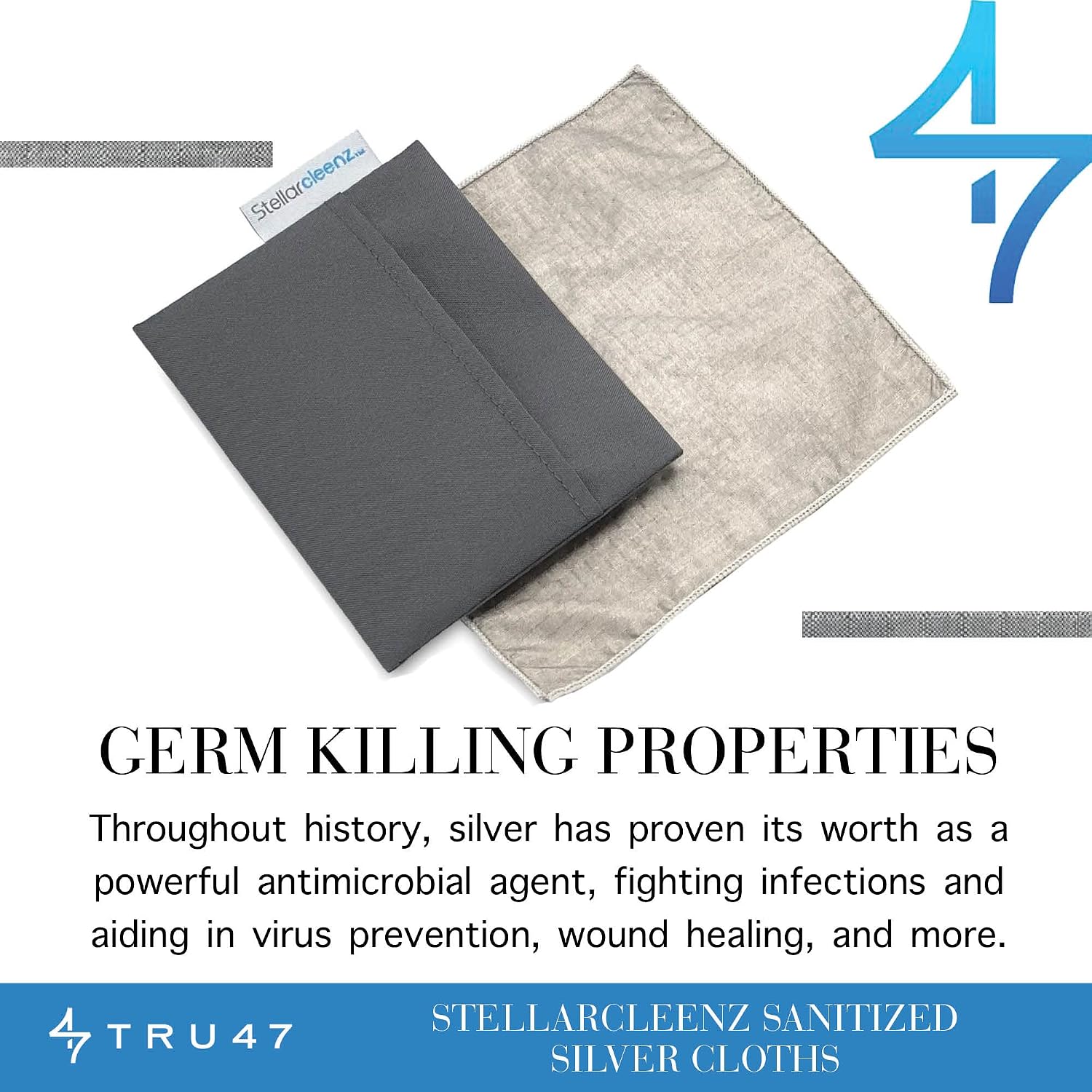 TRU47 10” Stellarcleenz Sanitized Silver Cloth - High Performance Silver Cleaning Cloth/Smooth Silver Fabric/Self Sanitizing/Long Lasting/Stain-Free/Clean Your Hands, Accessories When In Public image 3