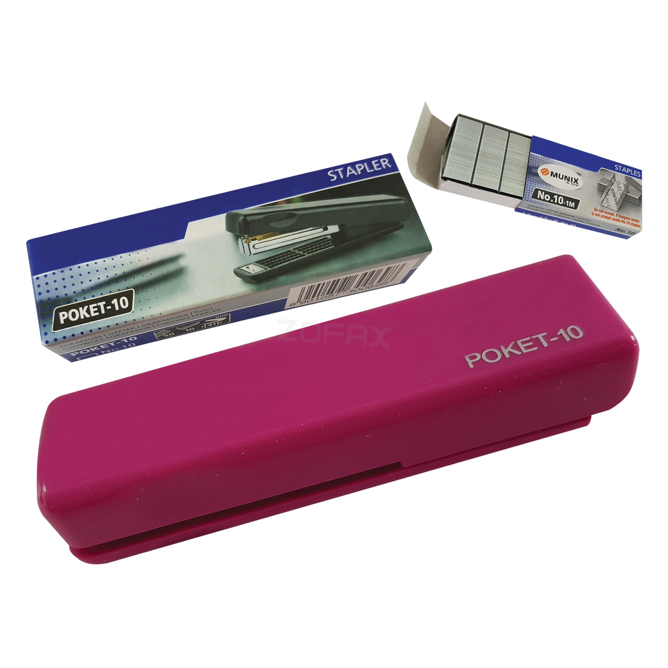 ZPOCKET10 Handy Folding Type Mini Stapler, Pink Body + 1000 Staples, 10 Sheets Stapling, Perfect School Home Travel Stapler, iZOFAX Black Ball Pen