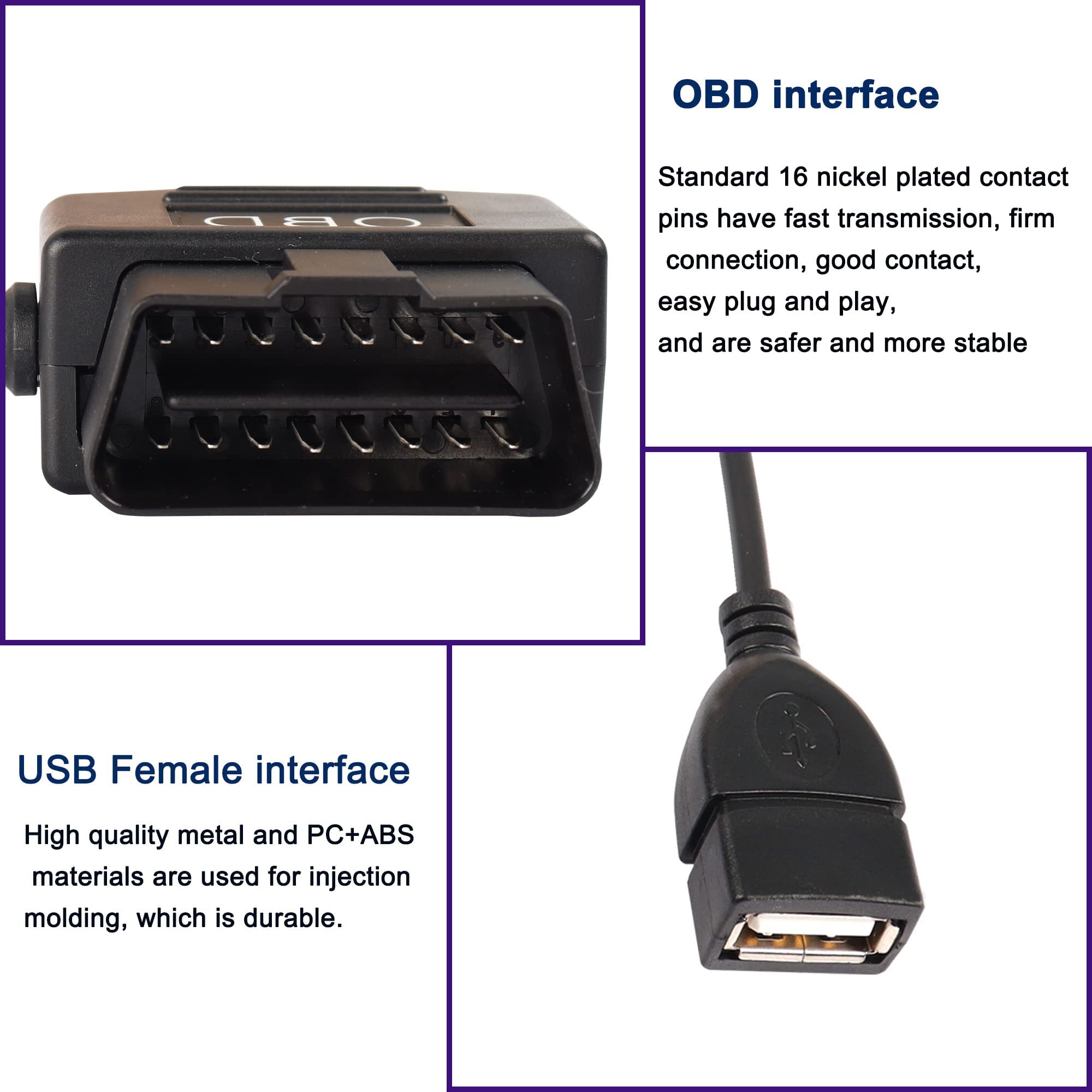 OBD To USB Power Cable Adapter 16Pin OBD2 Male To 5V 2A USB Female Connector 12V 24V 36V To 5V 2A With Switch Button For Dash Camera Phone Car GPS DVR-0.5M