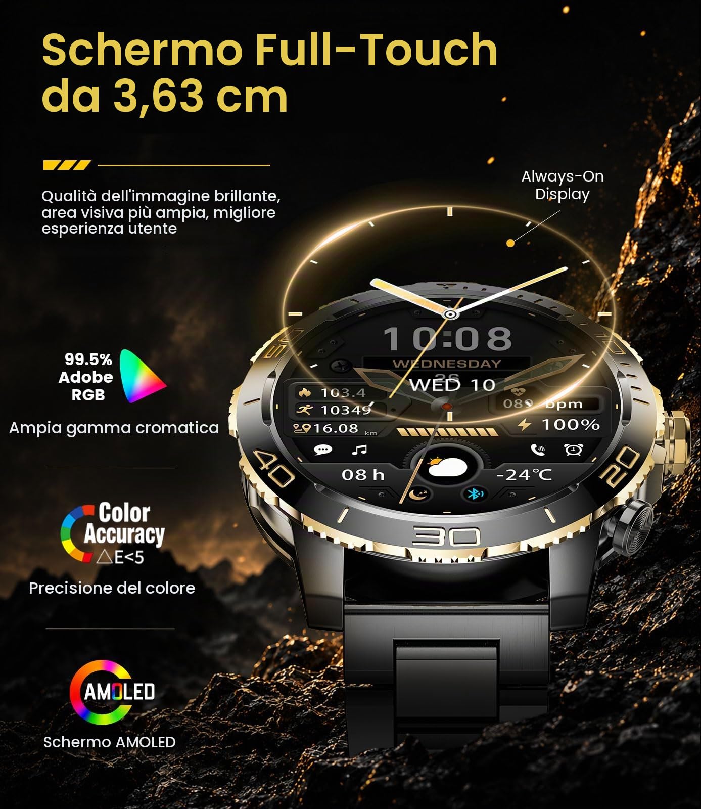 Smartwatch Uomo,800mAh Orologio Intelligente Fitness con Chiamate Bluetooth,1.43" AMOLED Militari Smart Watch Torcia/IP68/200 Modalità Sportive/Cardiofrequenzimetro/Due Cavi Android iOS Nero