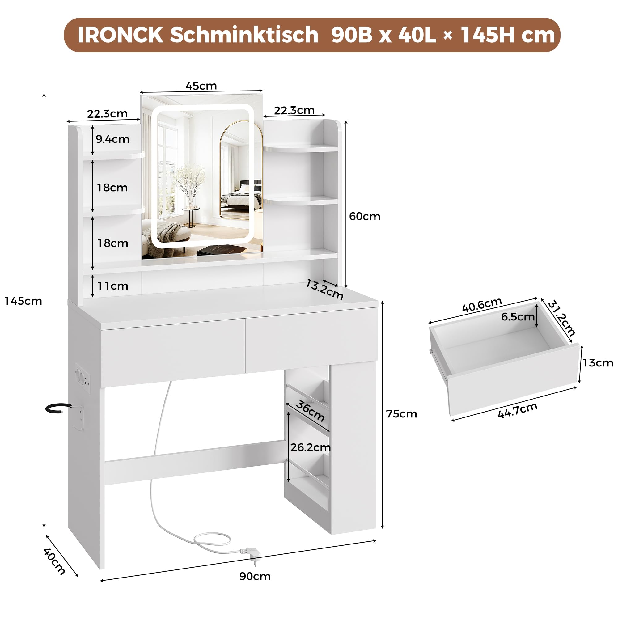 IRONCK Schminktisch mit Beleuchtung und LED-Spiegel, Kosmetiktisch mit Ladestation, 2 Schubladen, offene Seitenschrank, 3 Lichtmodi und Helligkeit Einstellbar, Frisiertisch für Schlafzimmer, Weiß