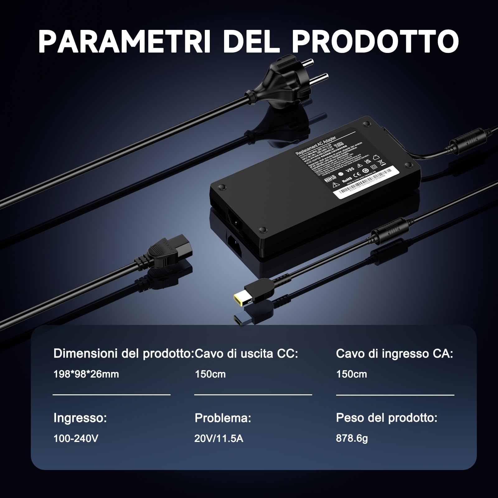 230 W 20V 11,5A Alimentatore Caricatore Per Lenovo Legion 5 7 5P C7 Y520 Y540 Y545 Y740 Y730 Y900 Y910 Y920 Y7000 ThinkPad P50 P51 P52 P53 P70 P71 P72 ADL230NLC3A ADL230NDC3A Caricatterie Adattatore