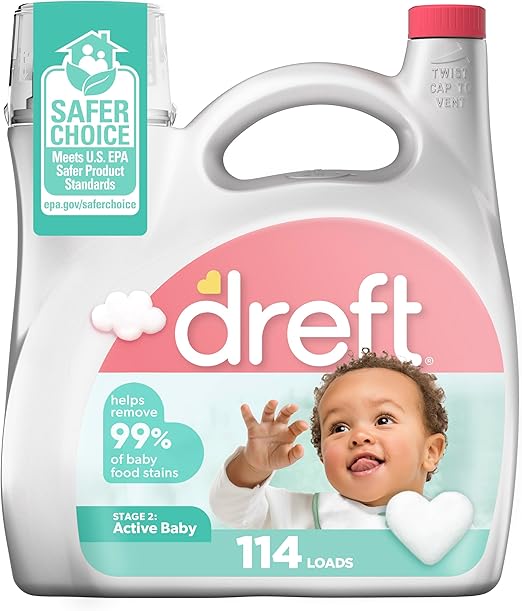 Dreft Stage 2 Active Baby Liquid Laundry Detergent, Hypoallergenic, Helps Remove 99% of Baby Food Stains, 114 Loads, Baby Laundry Detergent, Newborn Essentials