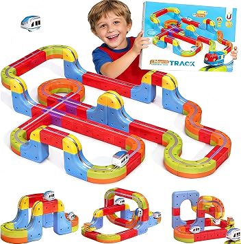 Electric Train Set, 3D Infinity Racer Train Tracks, DIY Toy Car Track, Modular Building Blocks Freely Assembled, STEM Learning Toy Fun Gifts for Kids Toddlers Boys & Girls 68pcs