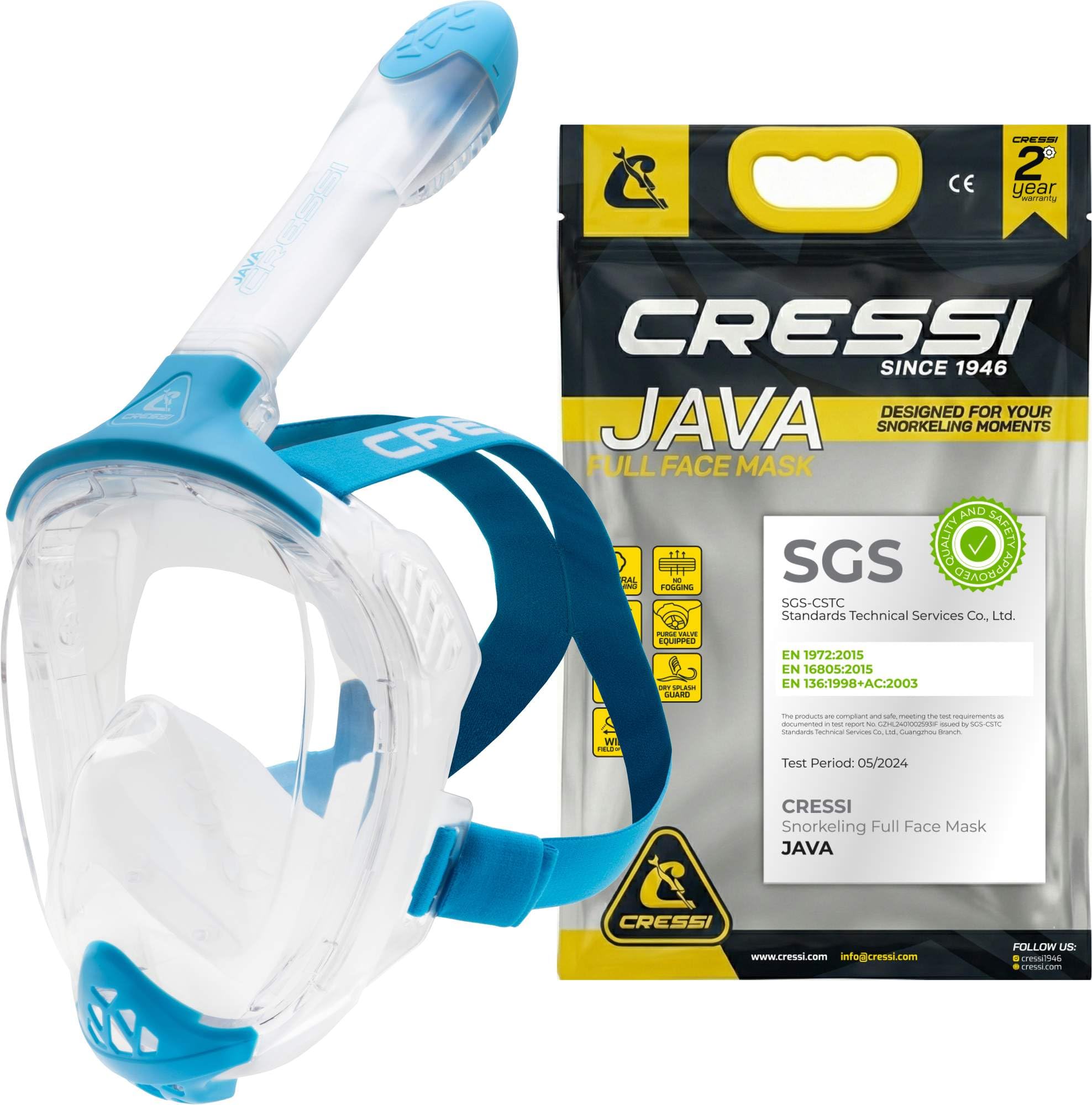 CRESSI Java Full Face Mask Clear/Blue S/M-Full Face Compact Fit Snorkel Mask, Ultra Clear Anti Fog Lens, 100% Silicone, Snorkel Dry with Safety Valves, Transparent/Blue, S/M