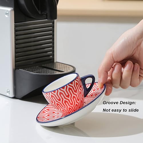 Vista 4 de Selamica Ceramic 2 oz Espresso Cups, Small Expresso Coffee Cup Set with Saucers, Porcelain Mini Demitasse Cups for Latte Mocha Tea, Set of 6