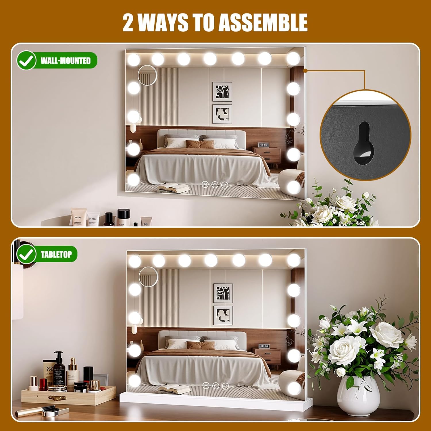 Vanity Mirror with Lights, 23"×18" Large Hollywood Makeup Mirror with 15 Dimmable Bulbs, 3-Color Lighting, Dimmable, 10x Magnification, Desk Mirror, Bedroom (White)