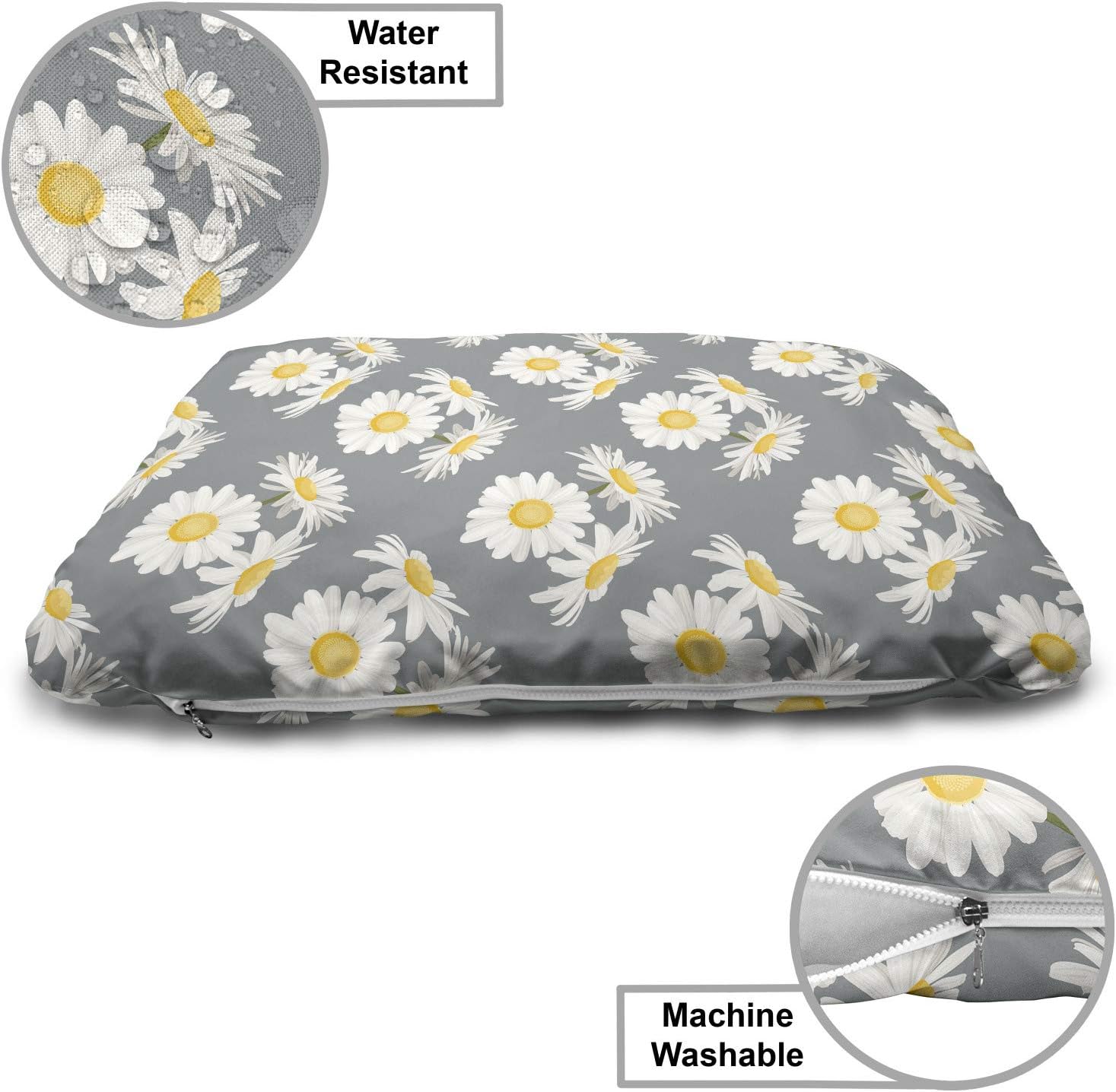 review Lunarable Grey Yellow Pet Bed, Romantic Repetition of Blossoming Daisy Petals Spring Garden Scenery, Chew Resistant Pad for Dogs and Cats Cushion with Removable Cover, 24