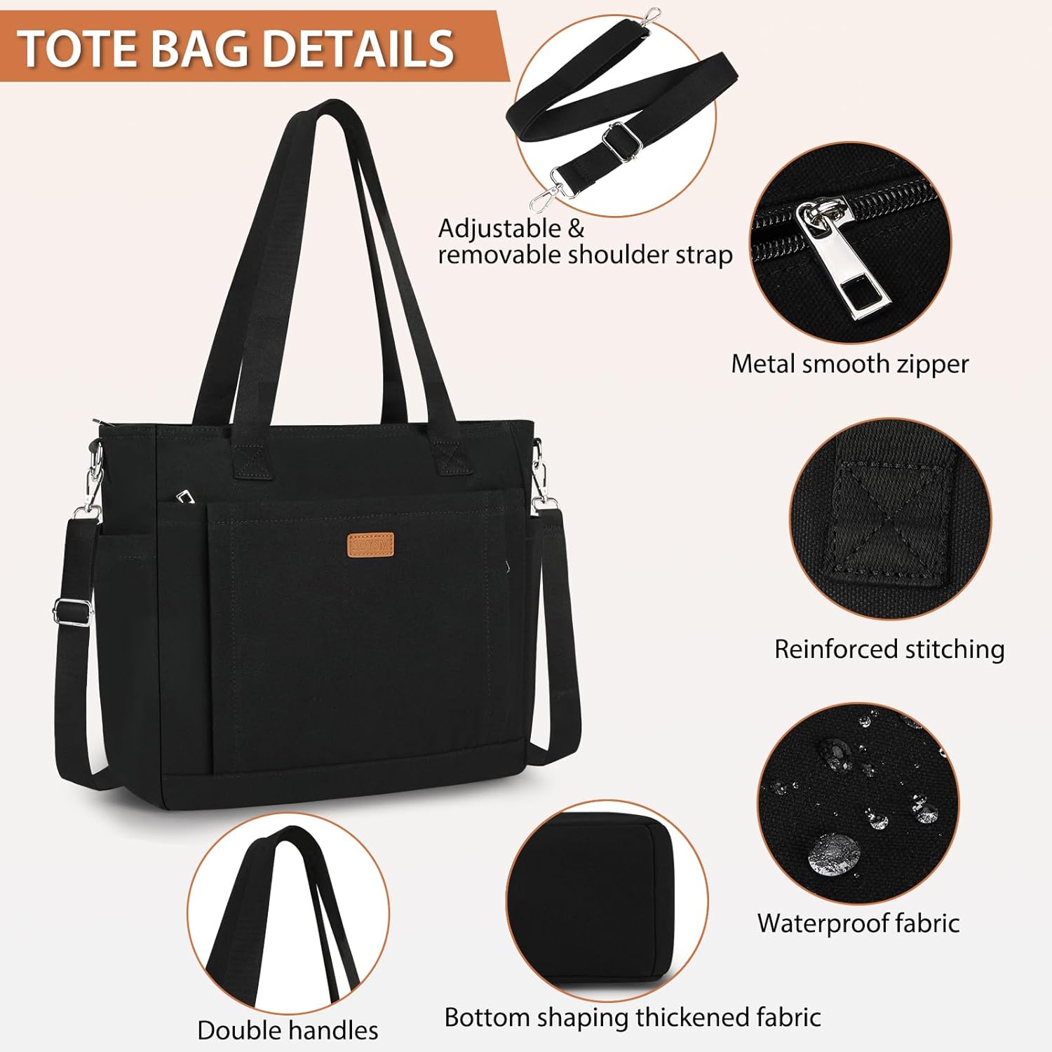 SDYSM Canvas Tote Bags for Women with Zipper and Compartments Large Waterproof Shoulder Crossbody Bag for College Work Beach - Image 5