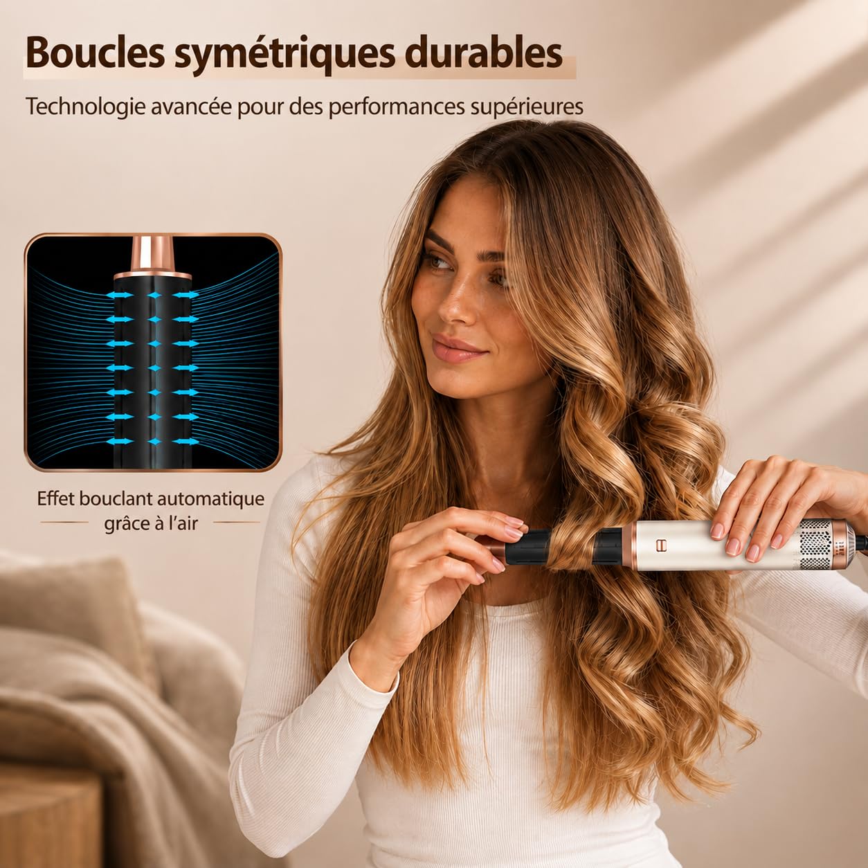 Brosse Soufflante avec 5 accessoires, Golden Goods Multistyler Sèche-cheveux, Airstyler 5-en-1, pour sécher, Brosse Coiffante Chauffante, Pour Lisser, Boucler, Sandstone Edition