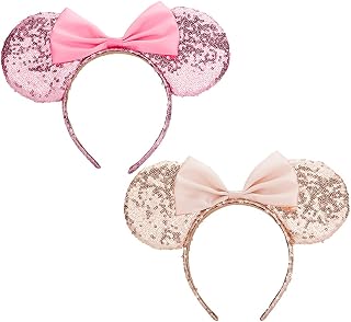 Mouse Ears headband,2pcs Sequin Halloween Minnie Ears Headband Glitter Hairband for Princess Party Cosplay Costume Headwear Minnie&Mickey Themed Party Decorations (Gold&Pink)