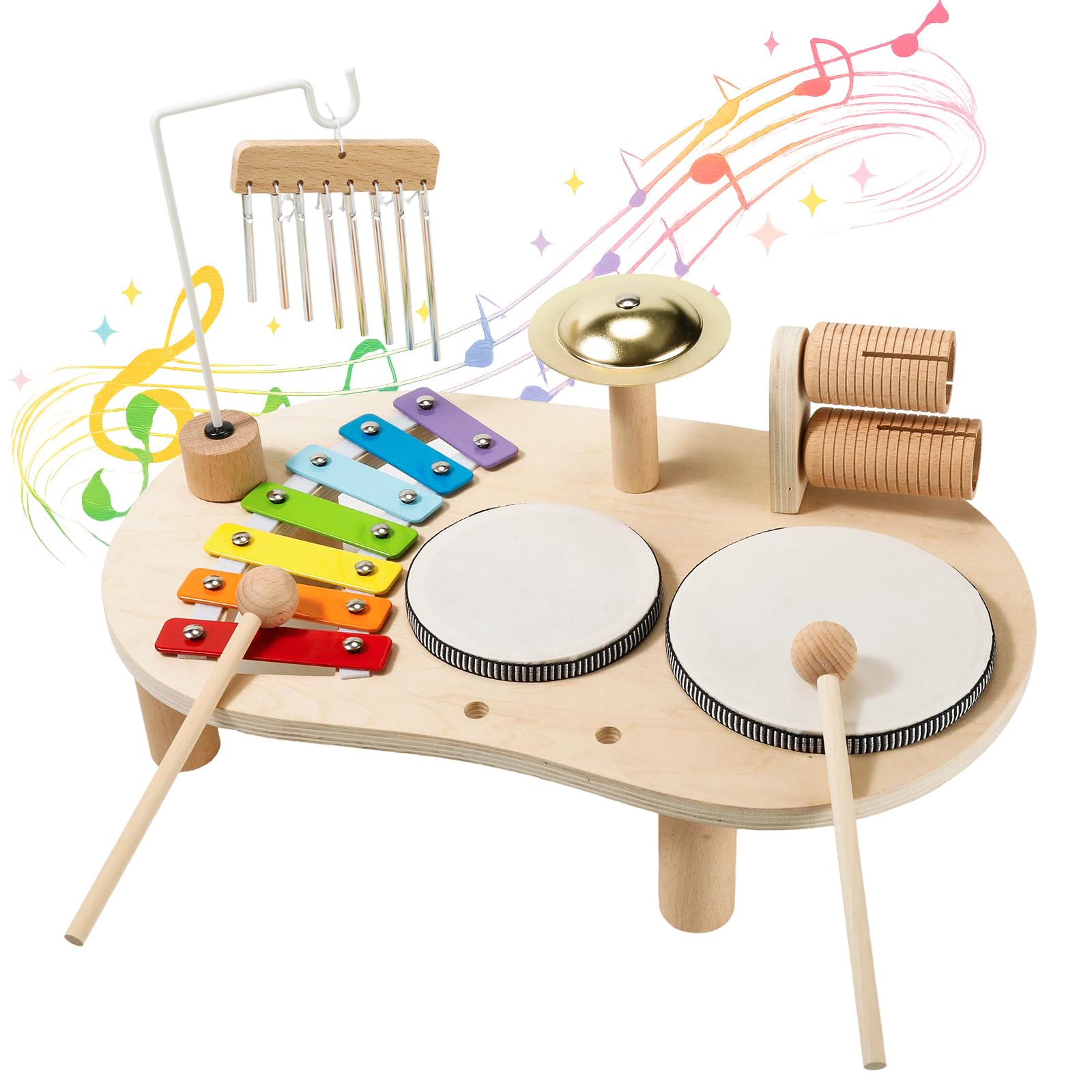 Smartwo Wooden Baby Musical Instrument, Toddler Toy Drum Xylophone Set, Kids Percussion Table, Montessori Gift for 1 2 3 year old Boy Girl