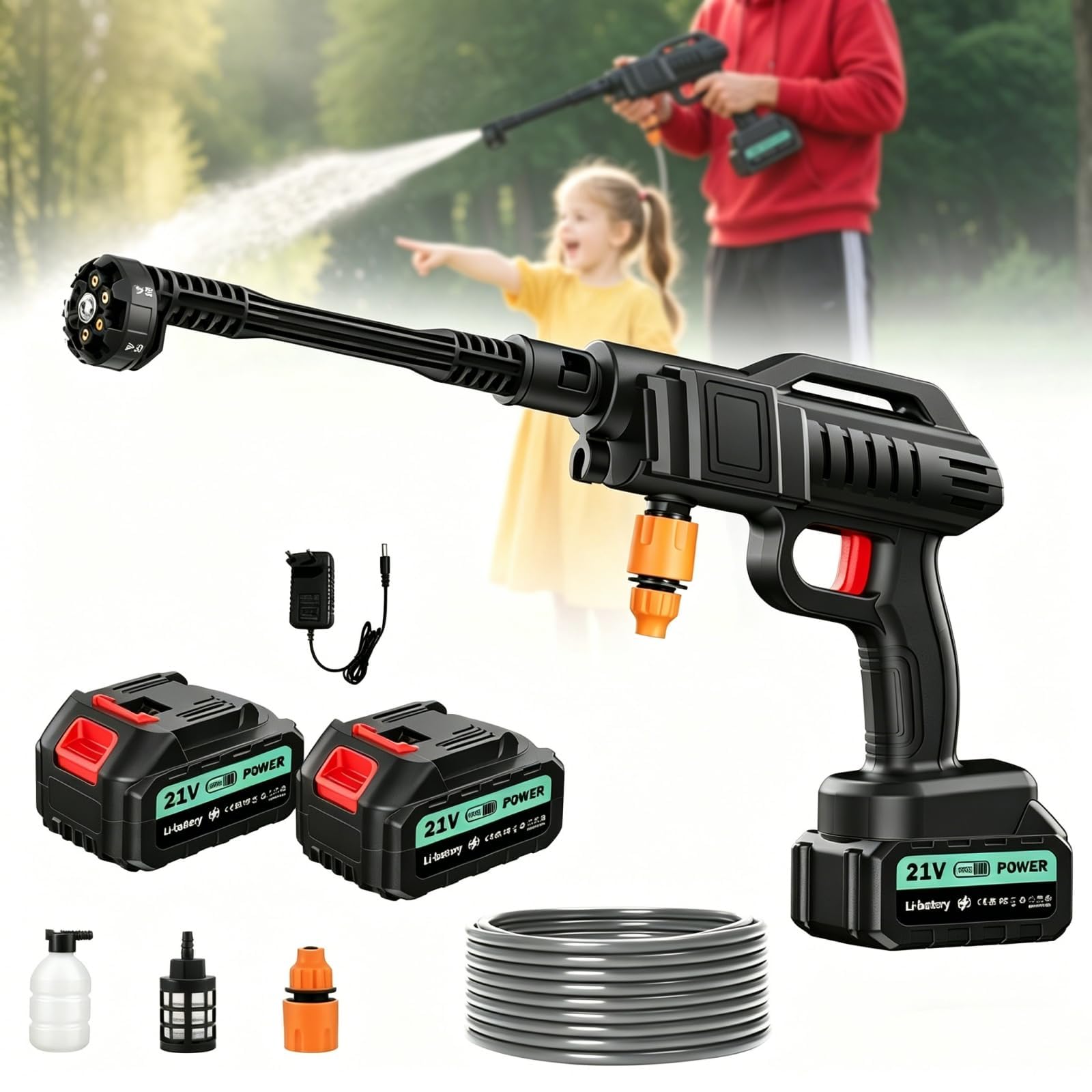 Limpiador de alta presión con batería, 100 bar, 270 L/H, pistola portátil con 2 baterías de 3000 mAh, pistola de lavado 6 en 1, boquilla ajustable, manguera de 5 m para suelo de coche