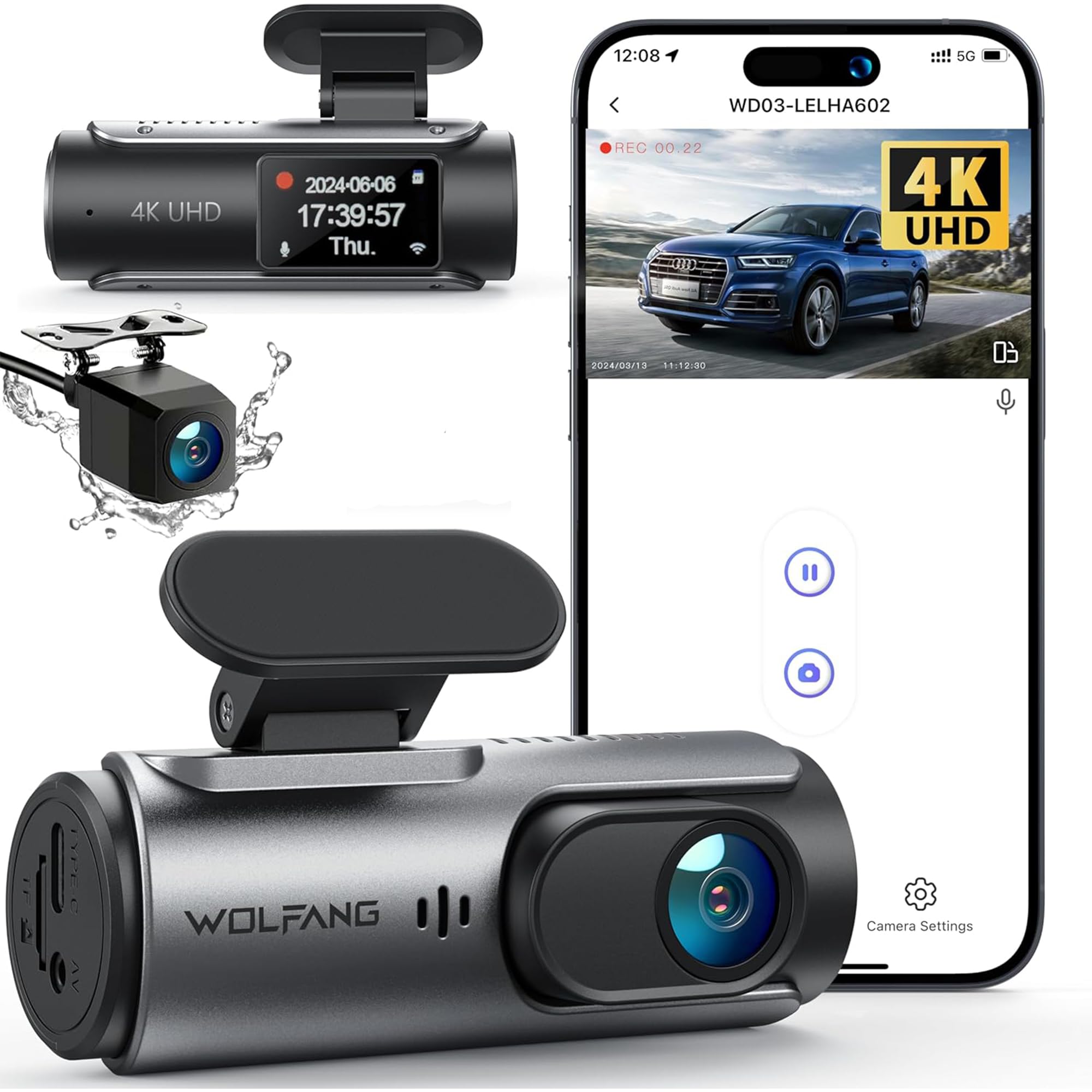 WOLFANG 4K Dash Cam Front and Rear WiFi Dashcam, Dual Car Camera Dash Cam with Super Night Vision, Loop Recording, G-Sensor, 170 Wide Angle, Parking Guard, APP Control