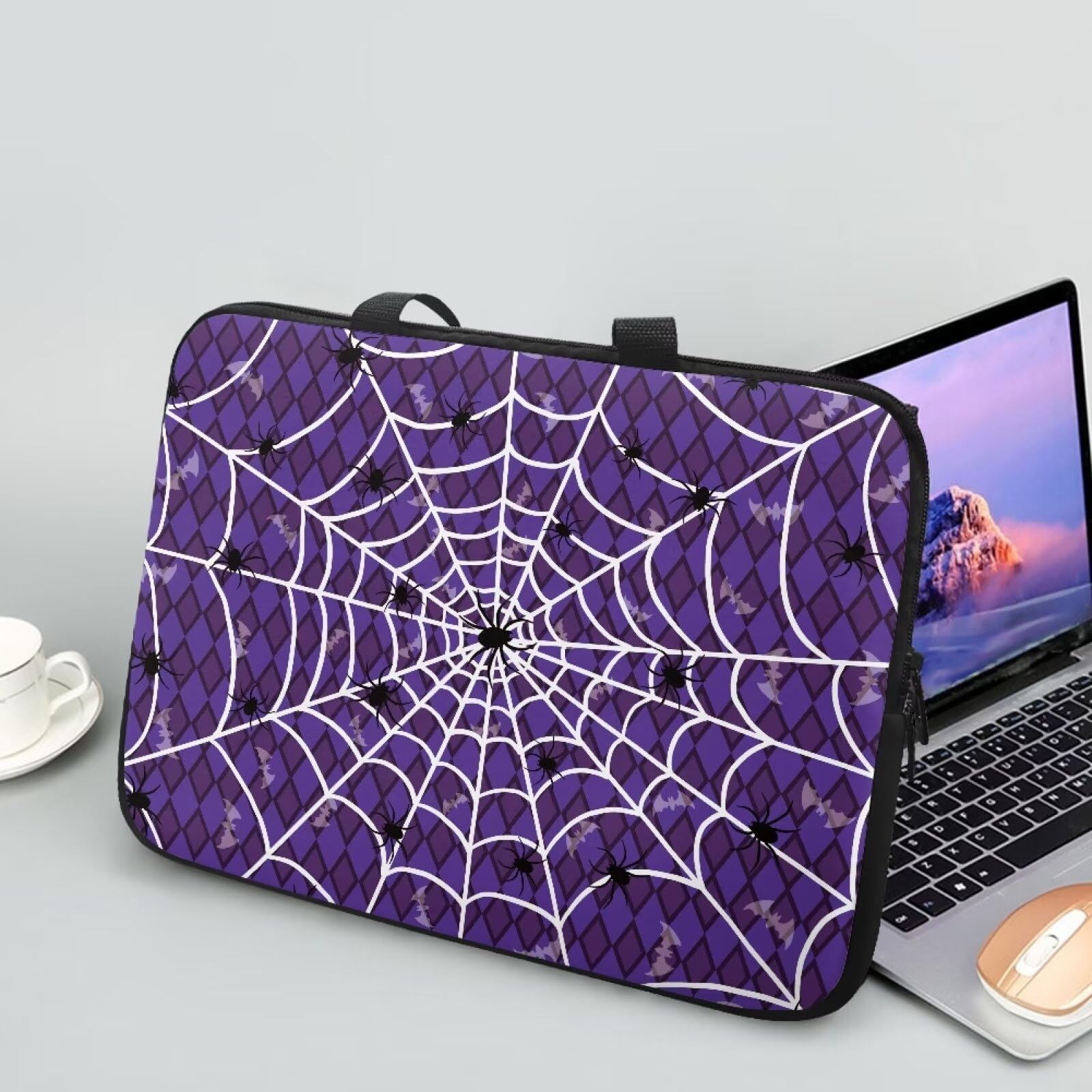 Suhoaziia Purple Spider Cobweb Laptop Case, 15 Inch Laptop Sleeve, Sturdy Men Women Computer Carrying Case Handbag Briefcase, Fits Tablet/Notebook/Reader for Halloween Spooky Decor