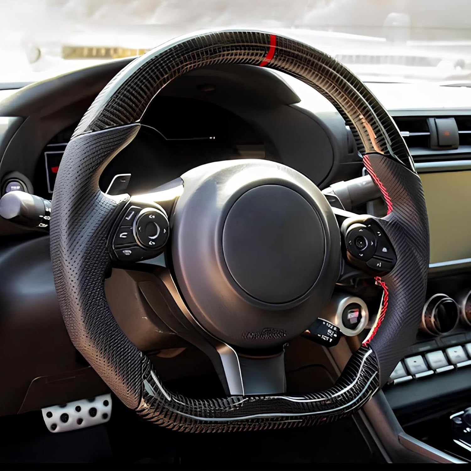 Carbon Fiber Steering Wheel for Toyota 86 /Subaru BRZ 2017-2020, D-shaped Flat-bottom Perforated Leather Grip