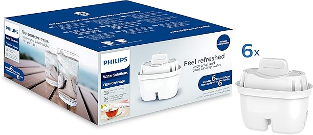 Philips Water Replacement Filter Cartridges, 6-Pack, Brita Compatible, Reduces MICROPLASTICS, Chlorine, LIMESCALE, Heavy Metals