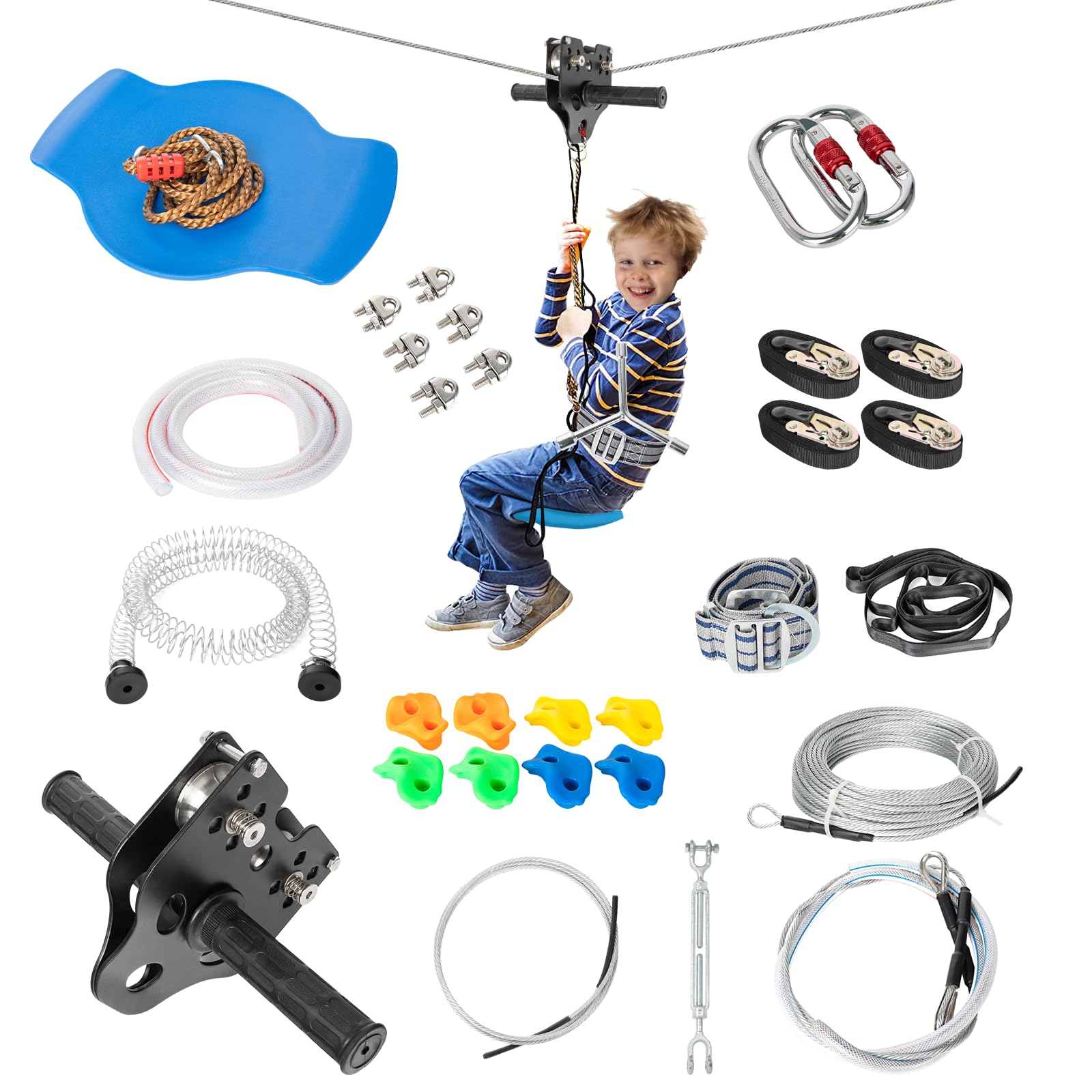 veore Zip Line for Kids and Adults Outdoor Up to 350Lbs 150FT with Stainless Steel Zipline Spring Brake, Safety Harness and Steel Trolley Ziplines Kits for Backyards