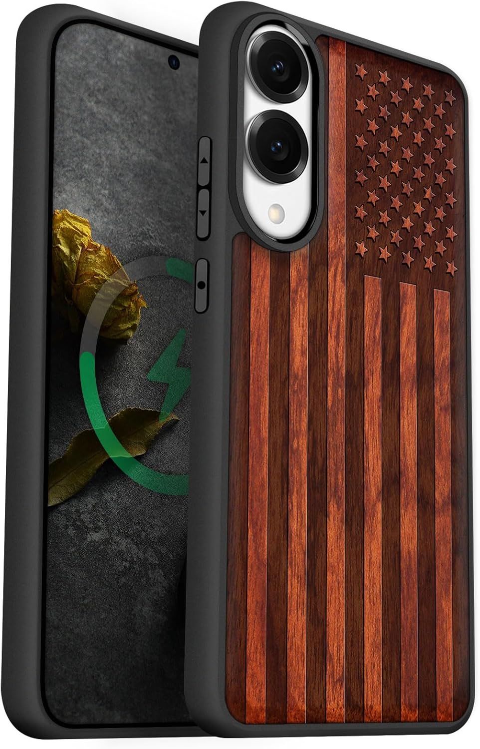 Carveit Magnetic Wooden Case for Samsung Galaxy S25 Edge Case 2025, TPU Shockproof Cover & Wood Artisan Engraved, Compatible with MagSafe Wireless Chargers (American Flag) Rosy