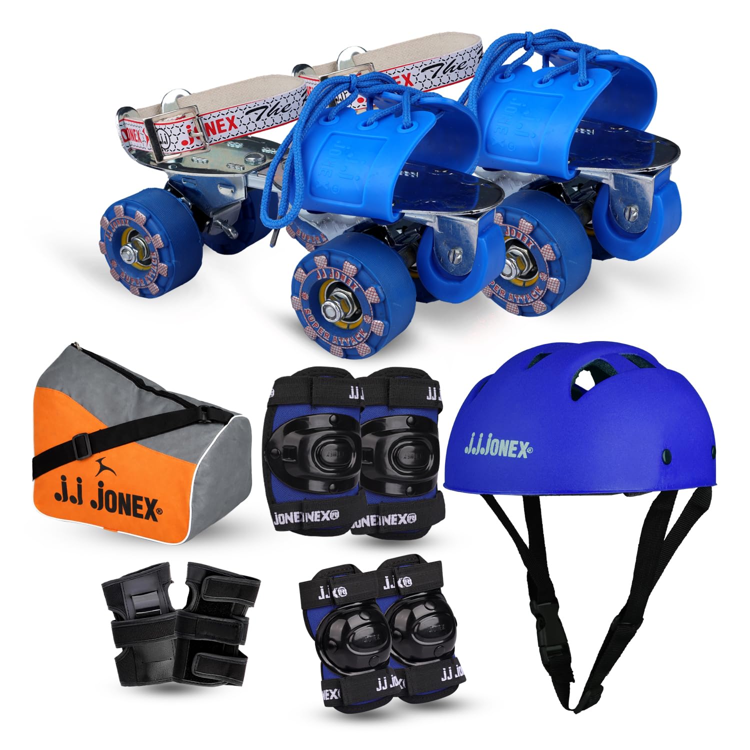JJ JONEX Attack Adjustable Skates Combo With Helmet, Knee Pad, Elbow Pad, Gloves, Key, Bag - Suitable for Age 6-11 (Medium) - Blue Helmet-image-39