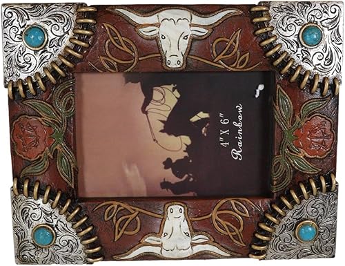 Ebros Gift Rústico Western Country Longhorn Ganado Bull Cow Conchos plateados con gemas turquesas de piel sintética de 4 x 6 pulgadas, marco de