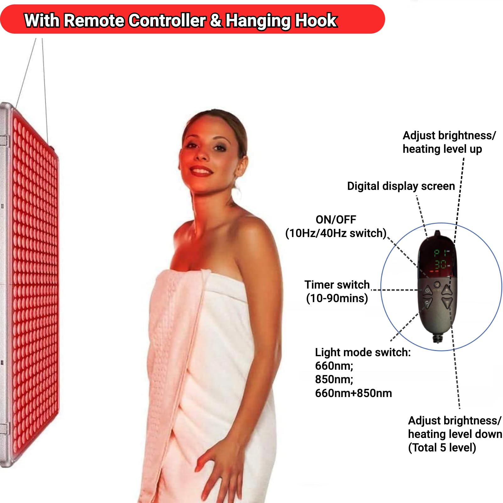 Thérapie par lumière rouge, lampe chauffante infrarouge proche 660 nm et 850 nm pour le visage, le dos, le cou, les épaules, le corps, la taille, le soulagement de la douleur et l'anti-âge, 646 LED