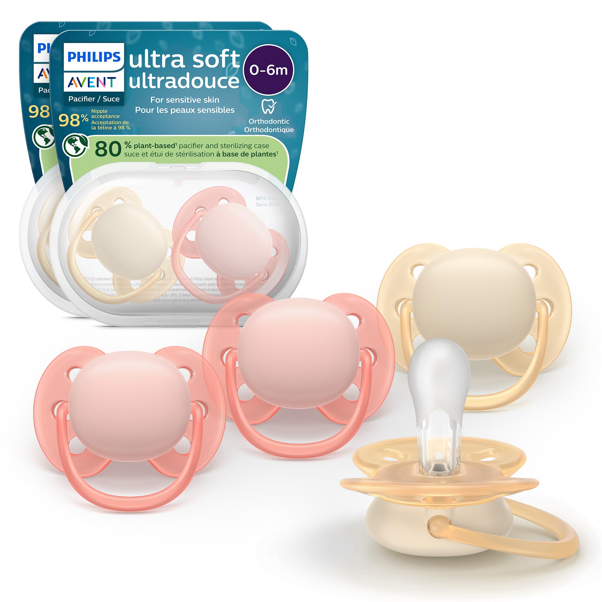 Philips Avent Ultra Soft Pacifiers - Orthodontic Design, for Babies 0-6 Months, Flexible Shield, Silicone Symmetrical Nipple, BPA-Free, 2 Sterilizing