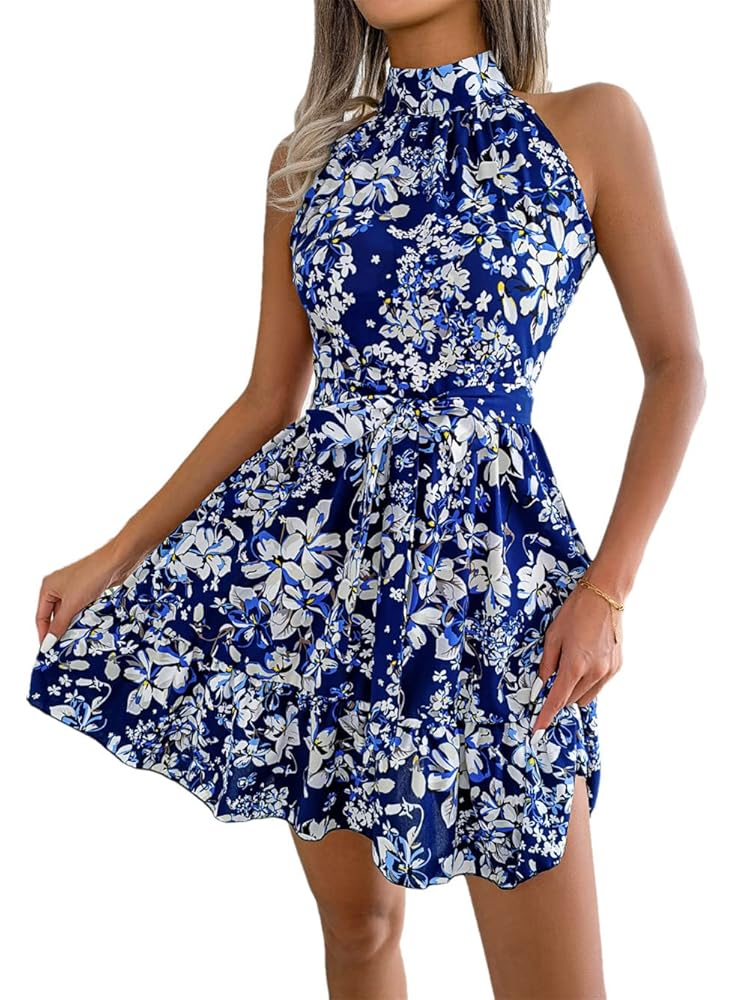 3COLOUR★Floral halter dress with French rufflesワンピース32 Women's Floral Print Dress Halter Neck Robe Off-Shoulder A