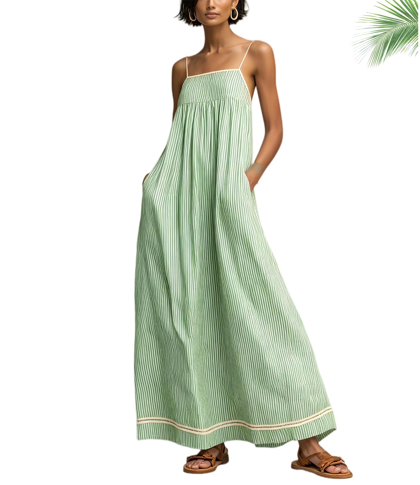 Genérico Vestido Largo de Tirantes Finos Estilo Boho para Mujer, Corte A, con Detalles Rojos
