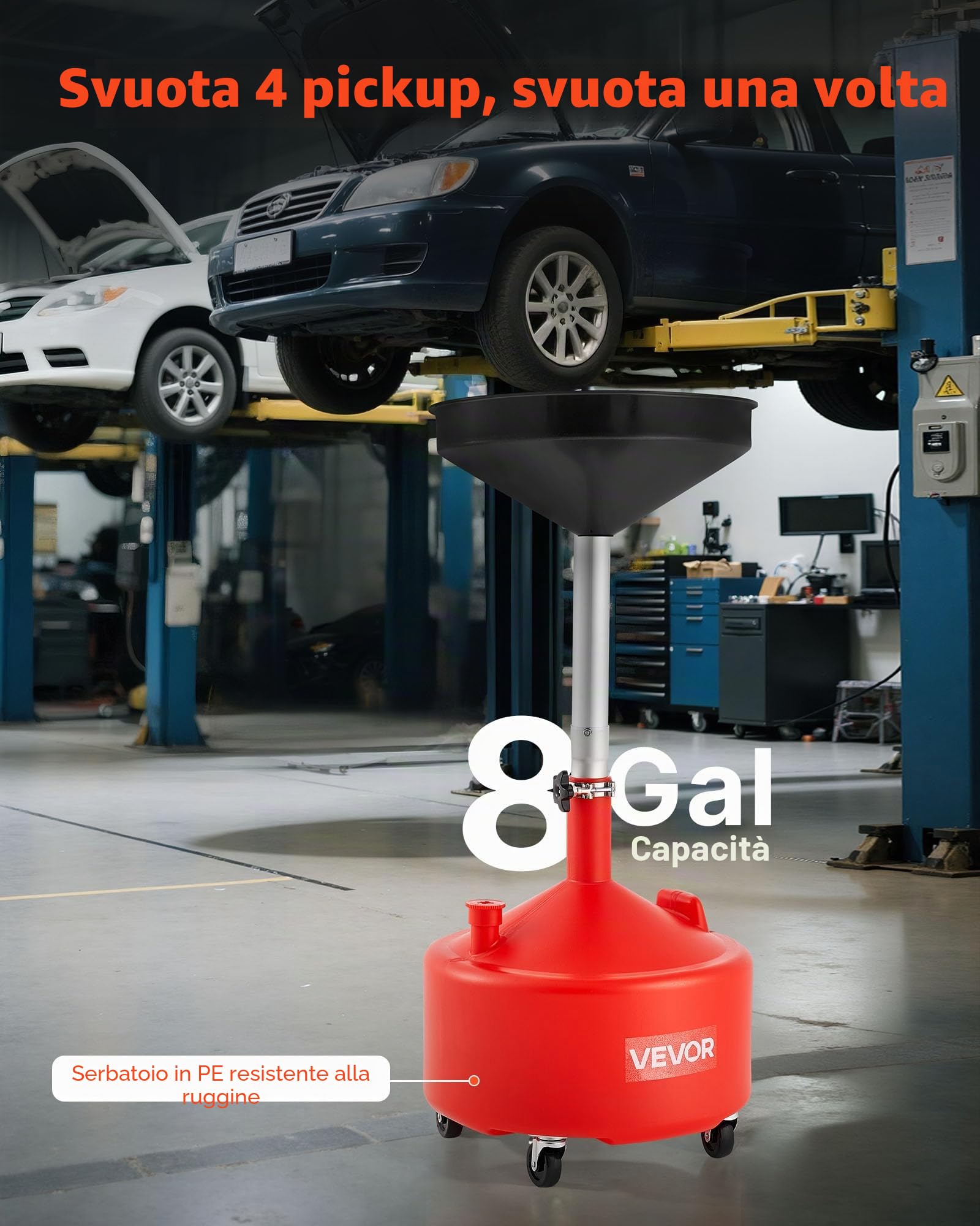 VEVOR Serbatoio di Scarico per Fluidi Industriali, 30 L con Regolabile Imbuto, Ruote, Drenaggio per Trasferimento di Carburante Fluido, per Officine di Riparazione Auto, per Olio Esausto, Rosso