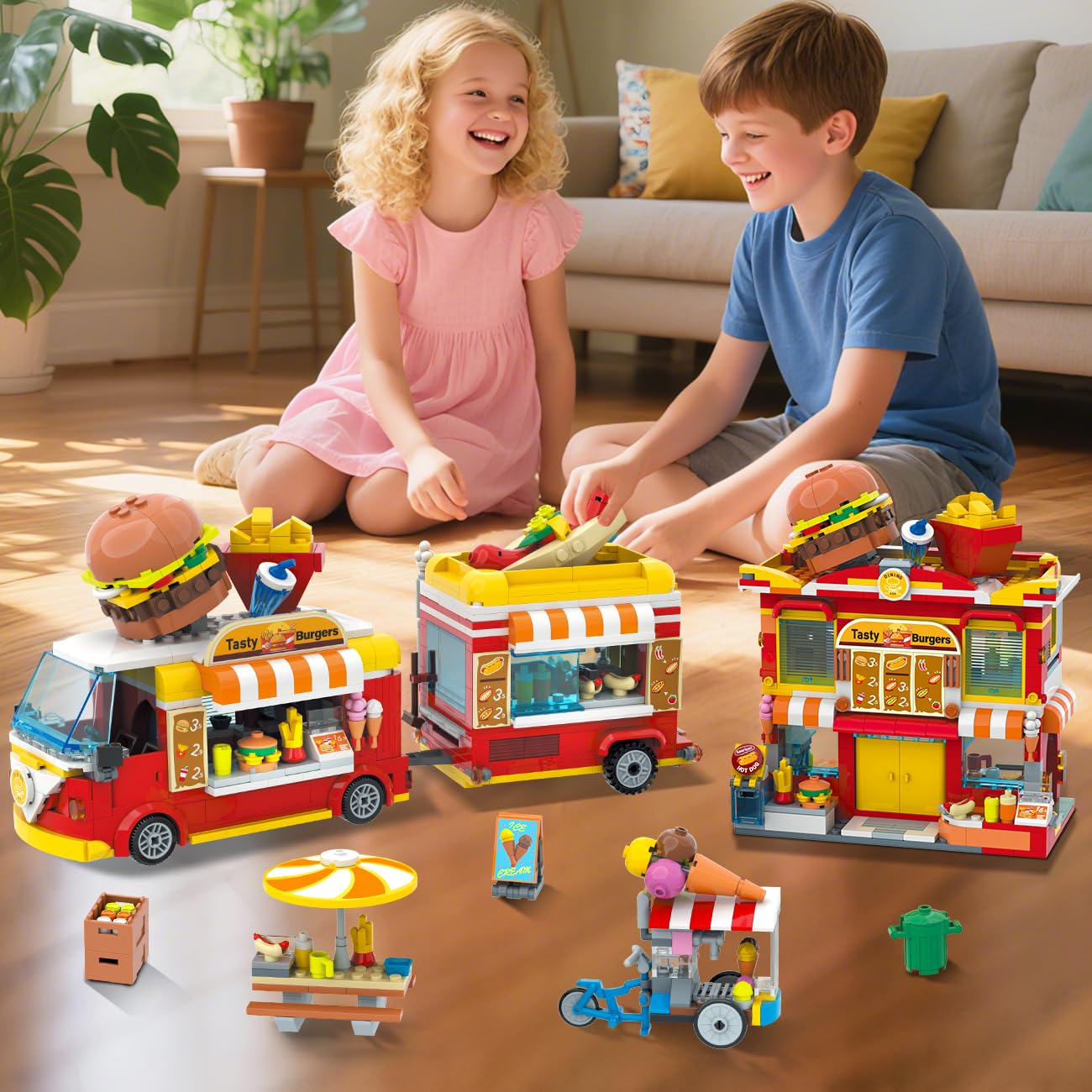 HOGOKIDS Burger Truck Bauspielzeug - 826 Teile 2-in-1 Restaurant Set