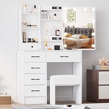 Dressing Table with Sliding Mirror, Vanity Table with 5 Drawers, Makeup Table with 3 Adjustable Lighting Modes, Cushioned Stool for Bedroom, White