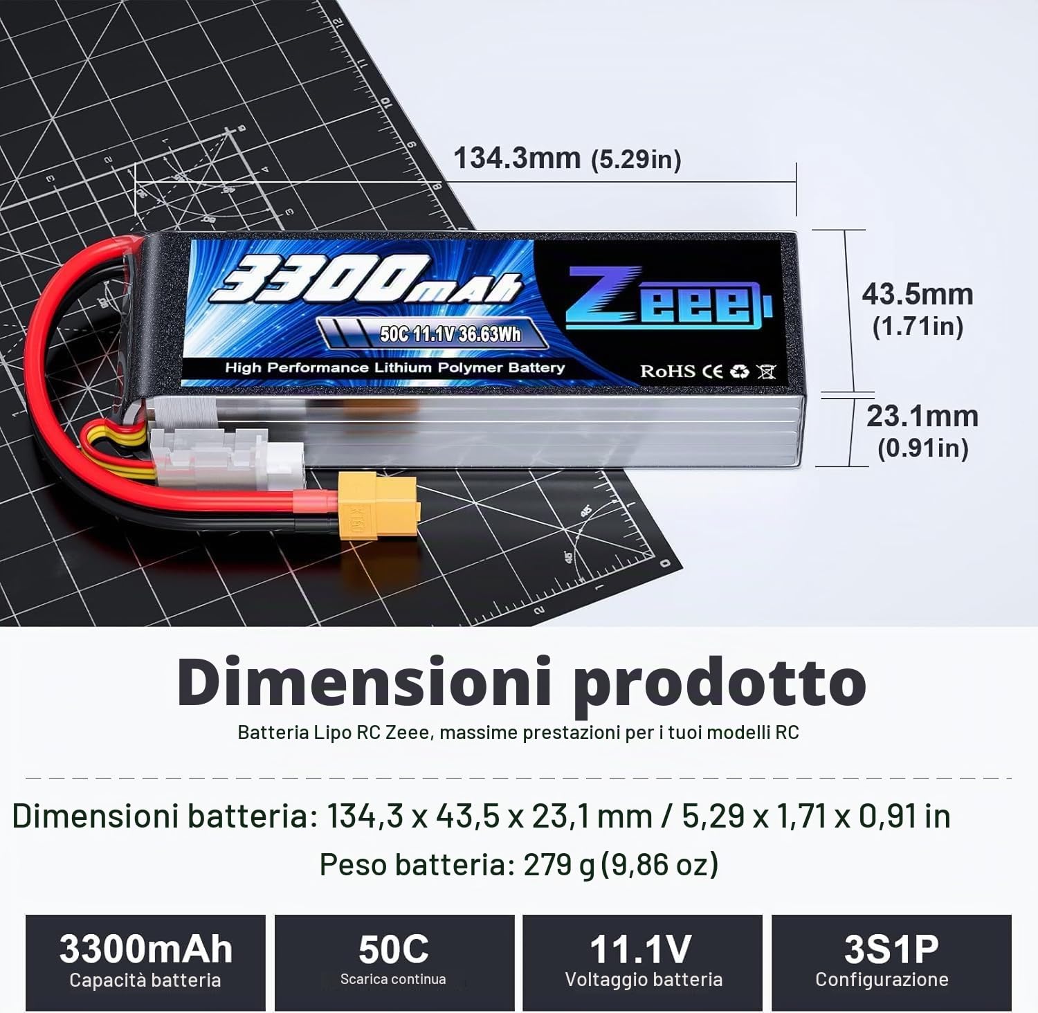 Zeee 3S Lipo 3300mAh 11.1V 50C Batteria RC con spina XT60 (2 pezzi) | per auto RC, aereo RC, elicottero RC, hobby RC