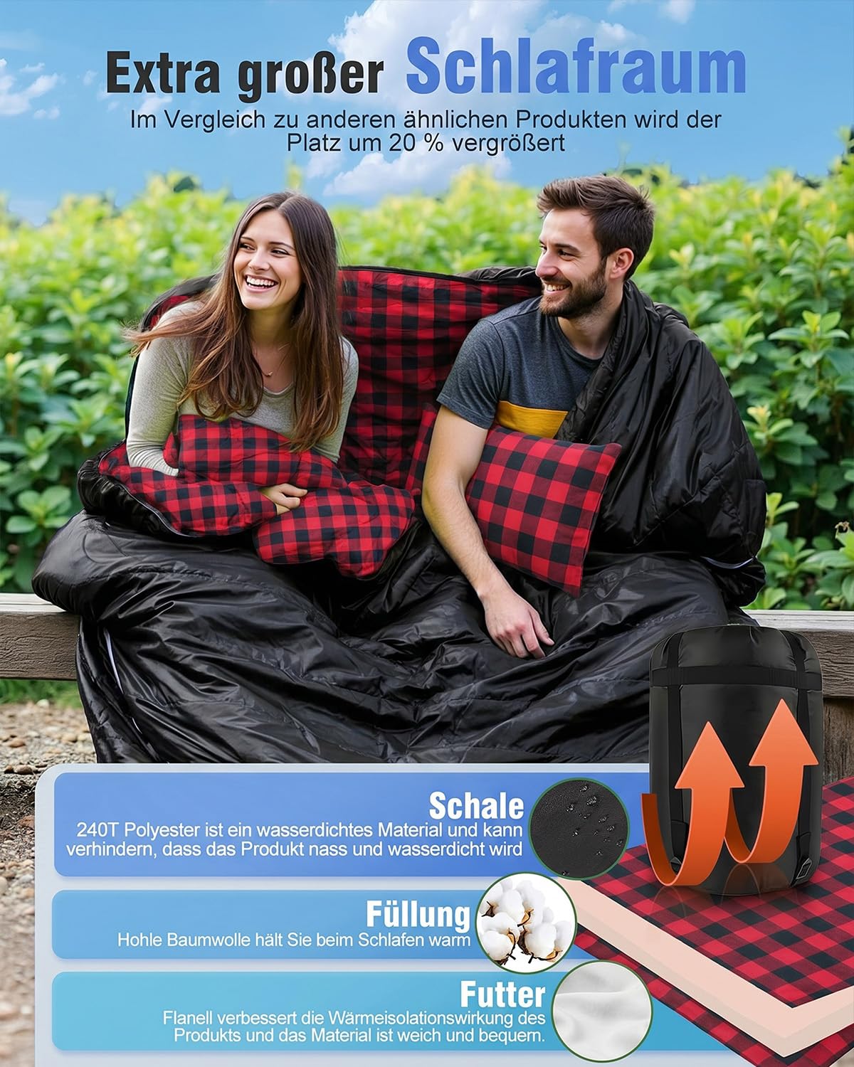 Gigoteuse double en flanelle pour 2 personnes - 220 x 160 cm - Double fermeture éclair améliorée - Avec 2 oreillers et sac de transport - Sac de couchage pour adulte - Pour la famille
