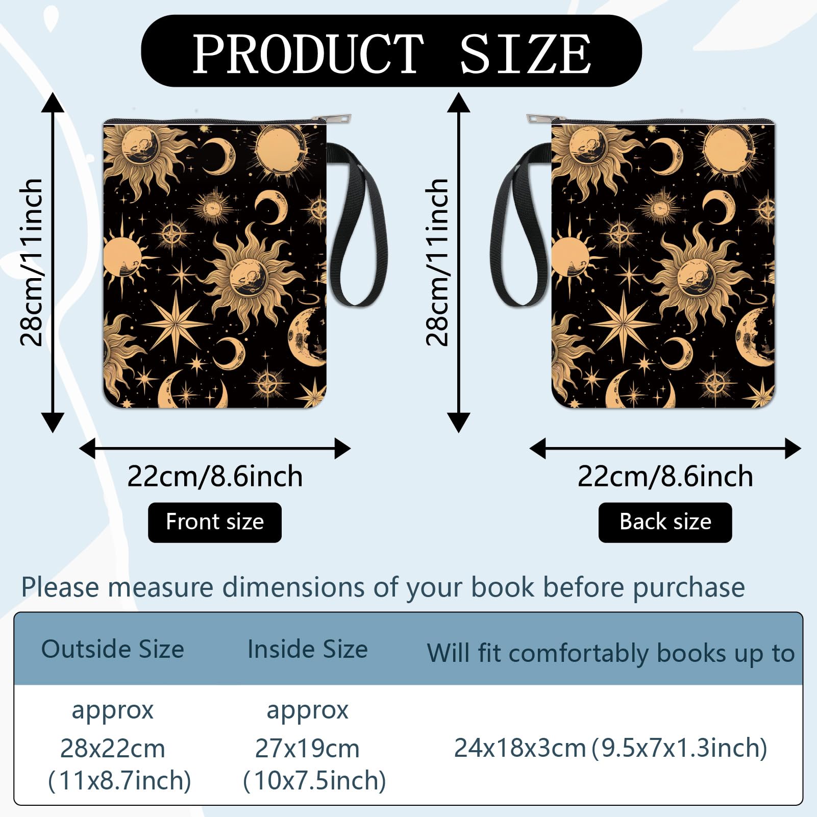 CRASPIRE Sun Book Sleeve Protector with Zipper Moon Stars Waterproof Canvas Pouch Double-Sided Covers for Books Lovers Hardcover Notebook Bible Journal Textbooks Paperbacks Student Gift 11 x 8.66 Inch - Image 2
