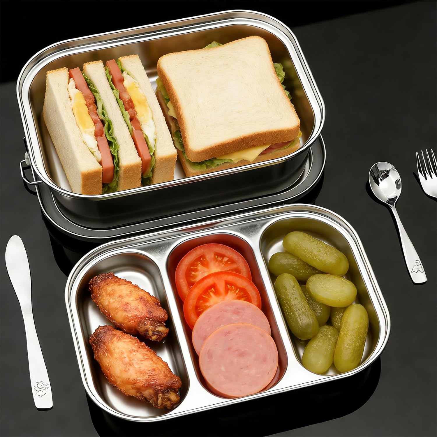 304 Stainless Steel Bento Box - Leakproof 3-Compartment 1800ml (64oz) Lunch Box with Airtight Lid, Water-Resistant Carry Bag & Utensil Set for Work, Picnic, Home