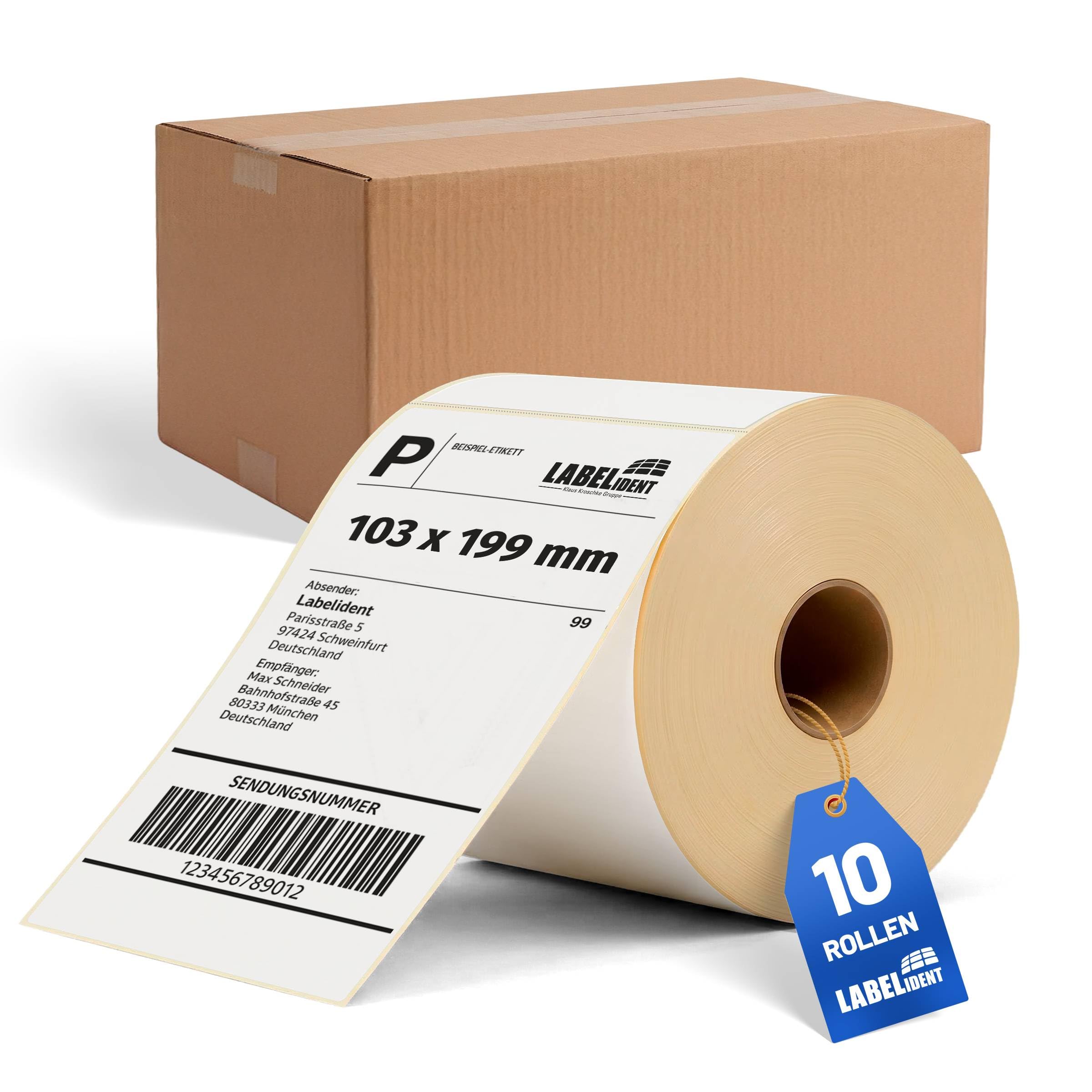 Labelident Versandetiketten (103 x 199 mm) - 2.500 Thermoetiketten auf 10 Rolle/n | Stark selbstklebende Thermodirekt-Labels für DHL, DPD, Fedex, GLS, Hermes, UPS, Zebra