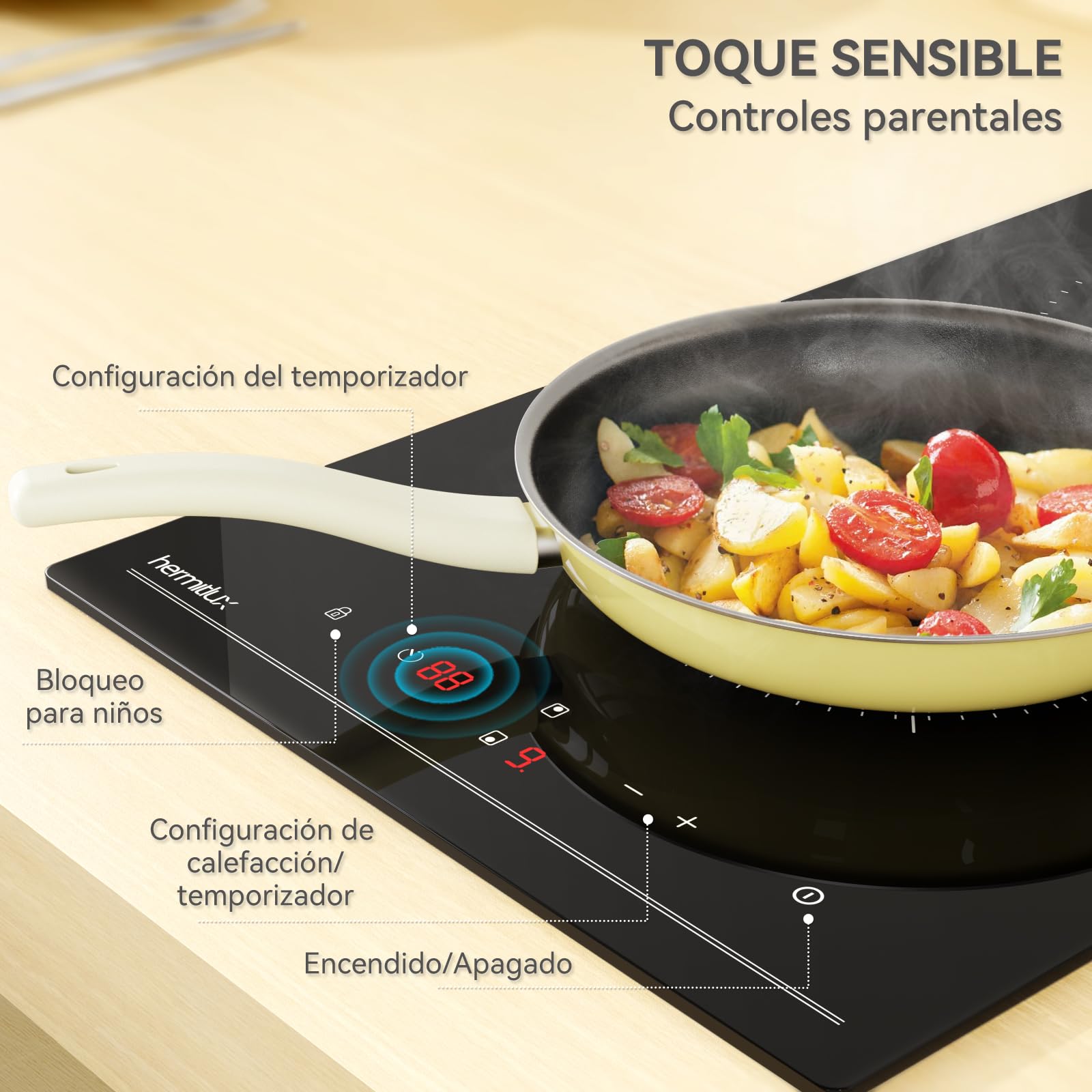 Hermitlux placa vitrocerámica 2 fuegos 28,8cm, 9 niveles de potencia, control táctil, temporizador, seguro para niños, apta para todo tipo de sartenes, 3300W — view 5