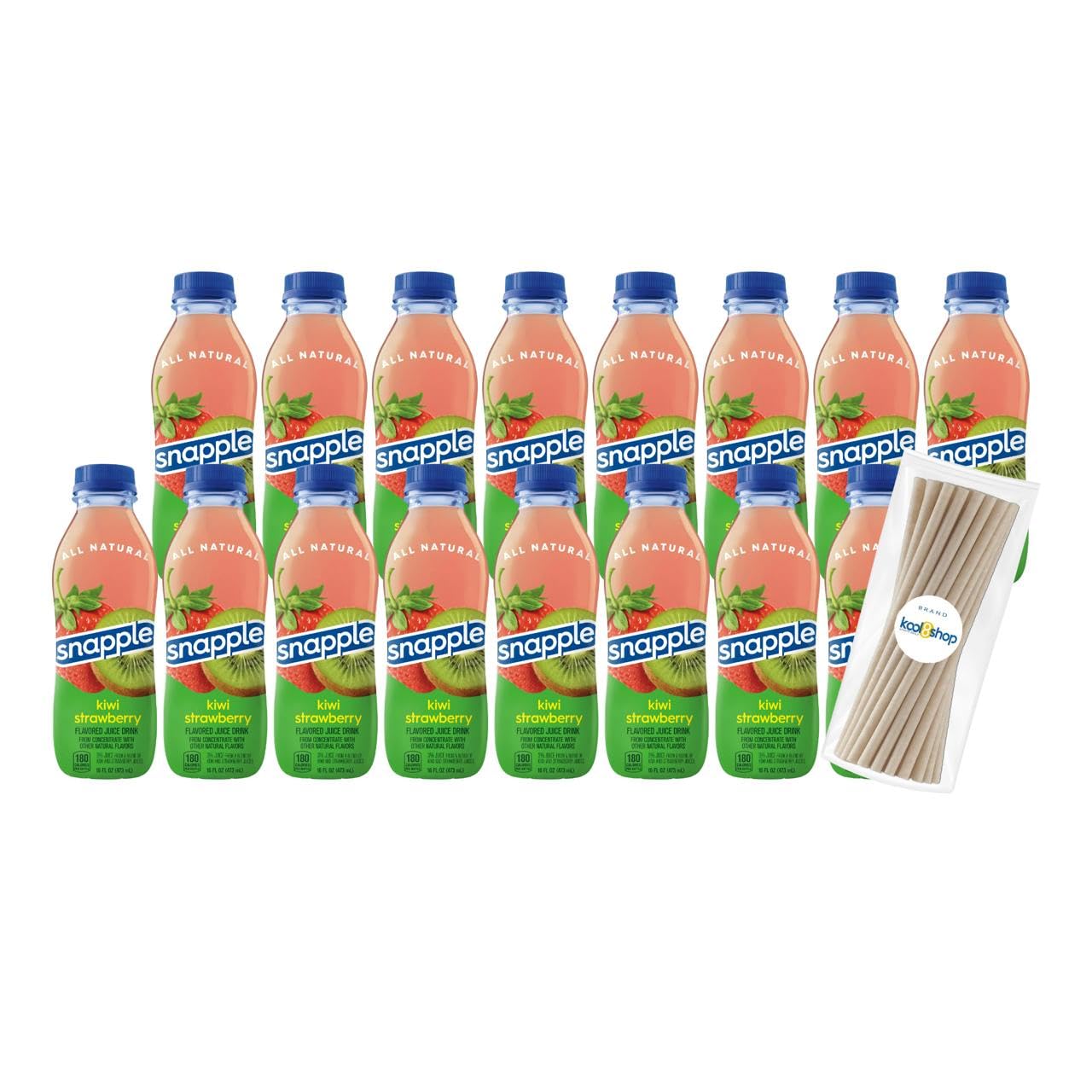 Snapple Apple All Natural Fruit Juice 16 fl oz Plastic Bottles 16 Pack + 15 Sugarcane Disposable Straws by KOOL8SHOP Infinite Deals