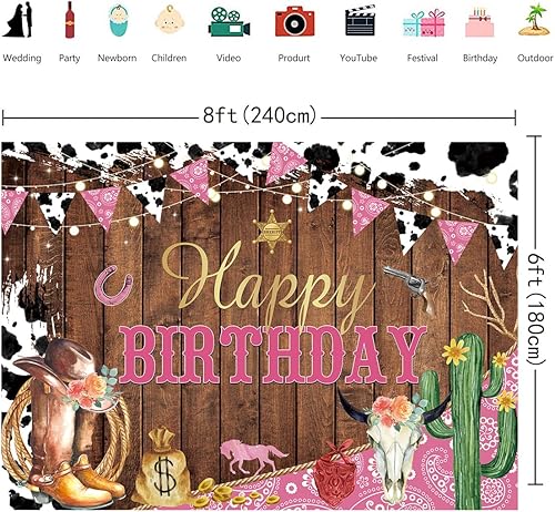 Miniatura 6 de Fondo de vaquera para fiesta de cumpleaños, vaquera occidental, feliz cumpleaños, fotografía de fondo blanco y negro, estampado de vaca rosa, granja