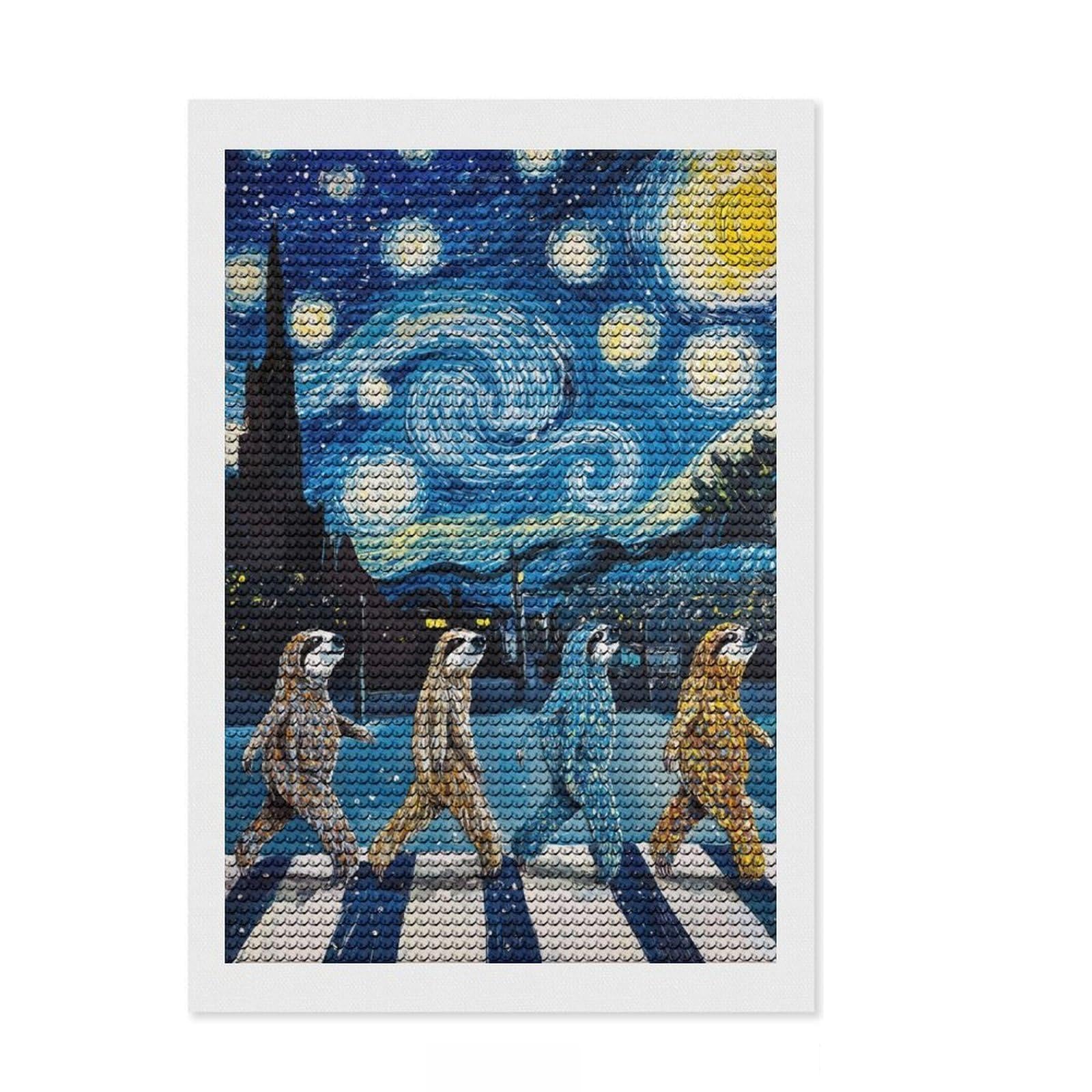 Junmoney Sloth Abbey Road Round Drill Diamond Painting 8"x12", for Teens, Easy Handmade Project, Modern Decor, Gift Idea, with Tool Kit