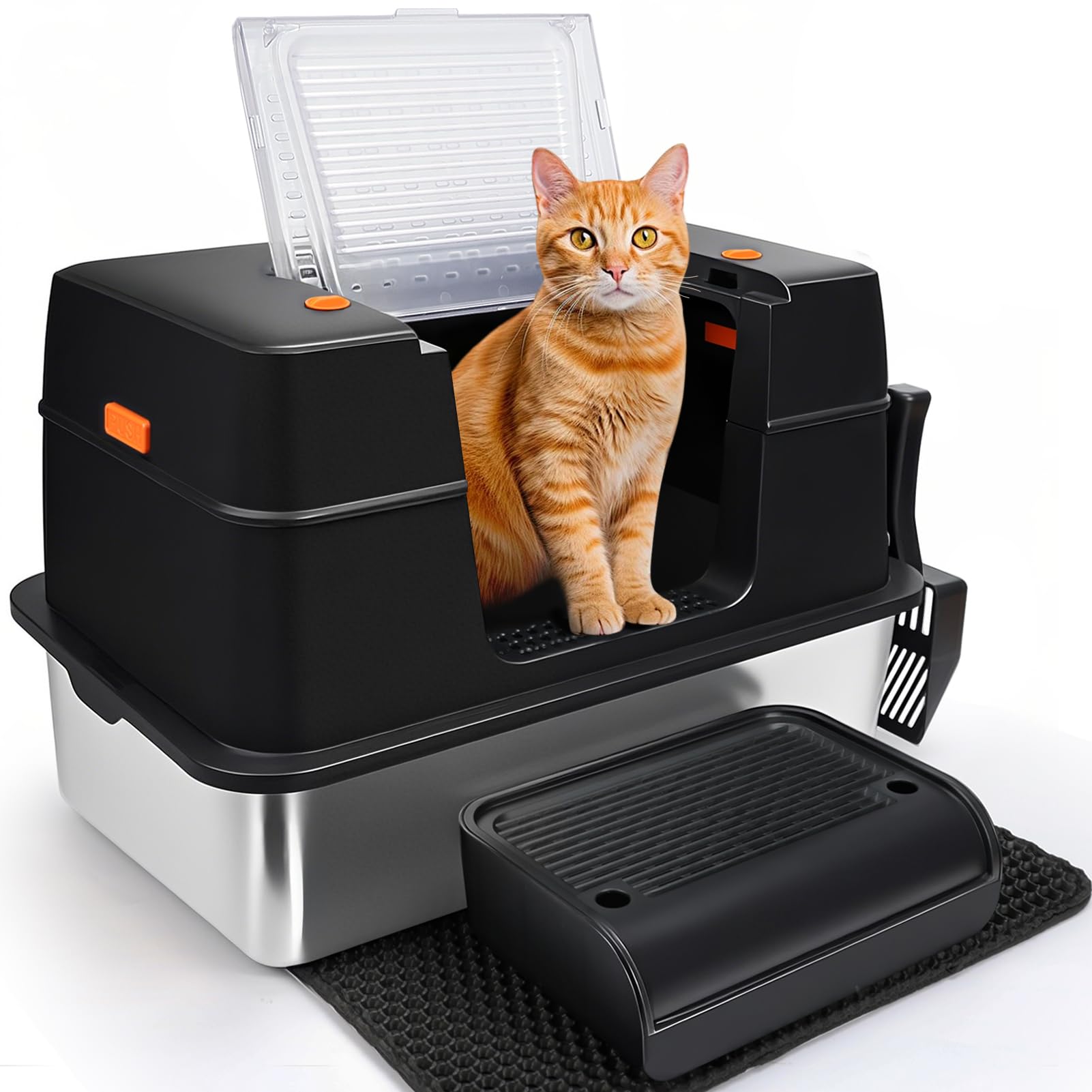 Feandrea Kattenbak van roestvrij staal, XL, met deksel, schepje, borstel en 2 ingangen, voor katten tot 15 kg, inktzwart PPT005BH01