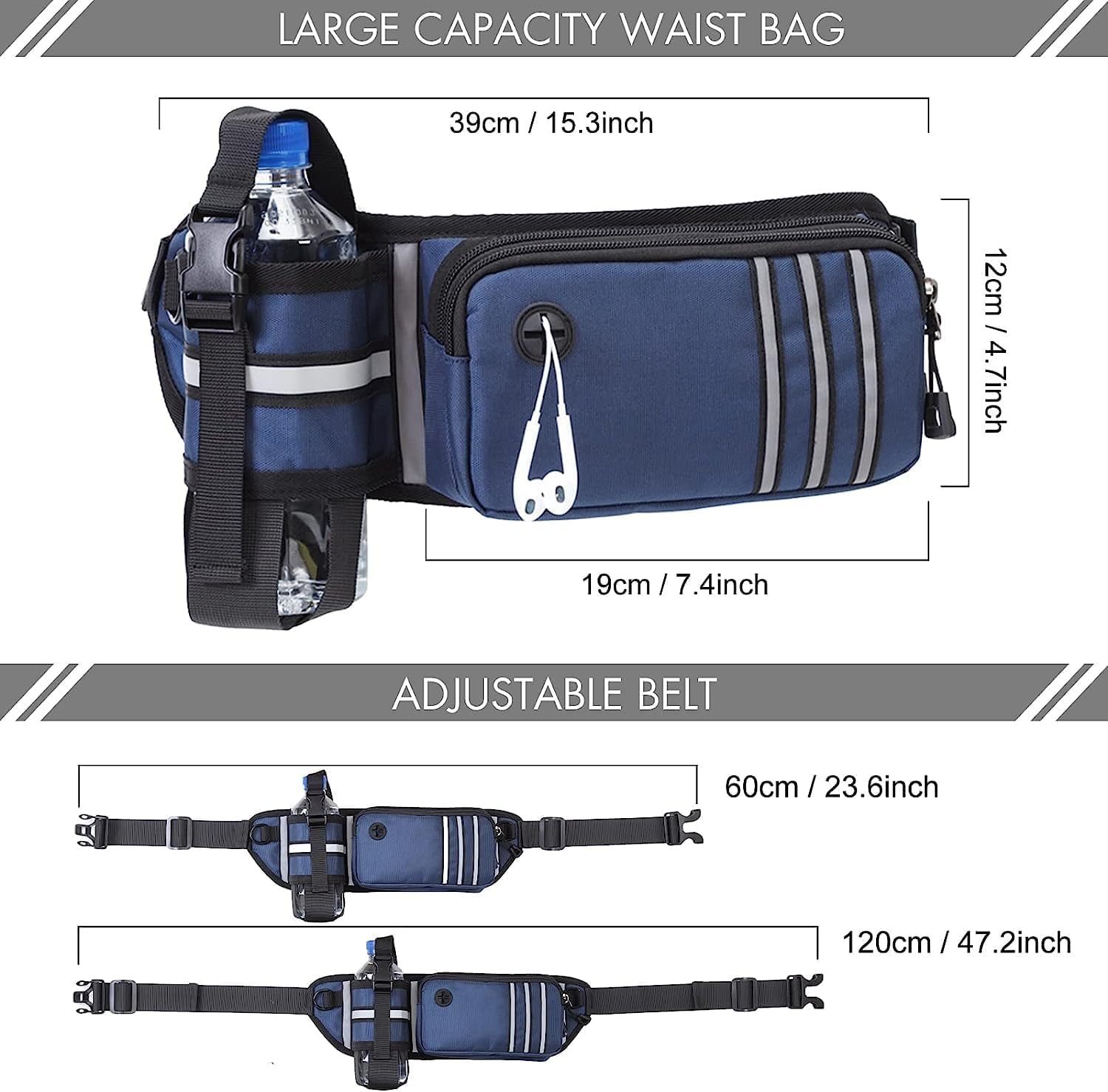 Hands Free Dog Leash with Waist Bag for Medium to Large Dogs, Dual-Handle Reflective Bungee Leash with Poop Bag Dispenser Pouch, Adjustable Waist Belt for Night Walking Jogging Hiking